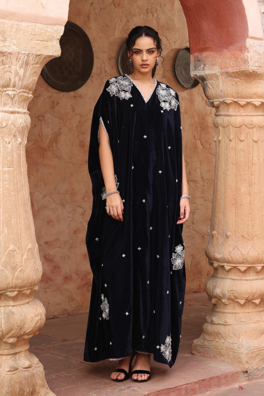 Navy Blue Velvet Embroidered Kaftan Set with Palazzo Pants
