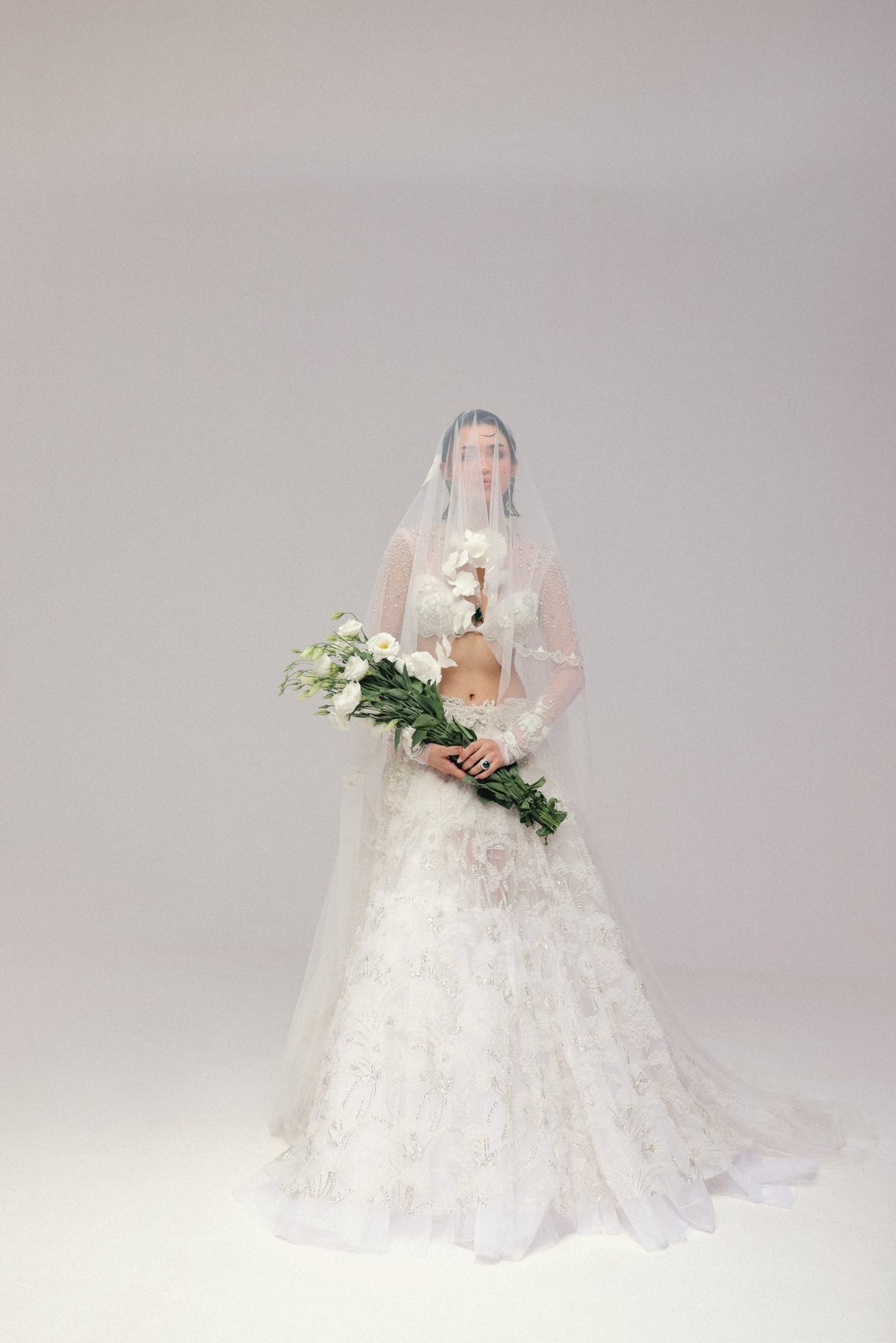 Pearl & Zardosi Embroidery, Tulle & French Lace with Silk, Skirt Set, Full Sleeve Blouse Silhouette
