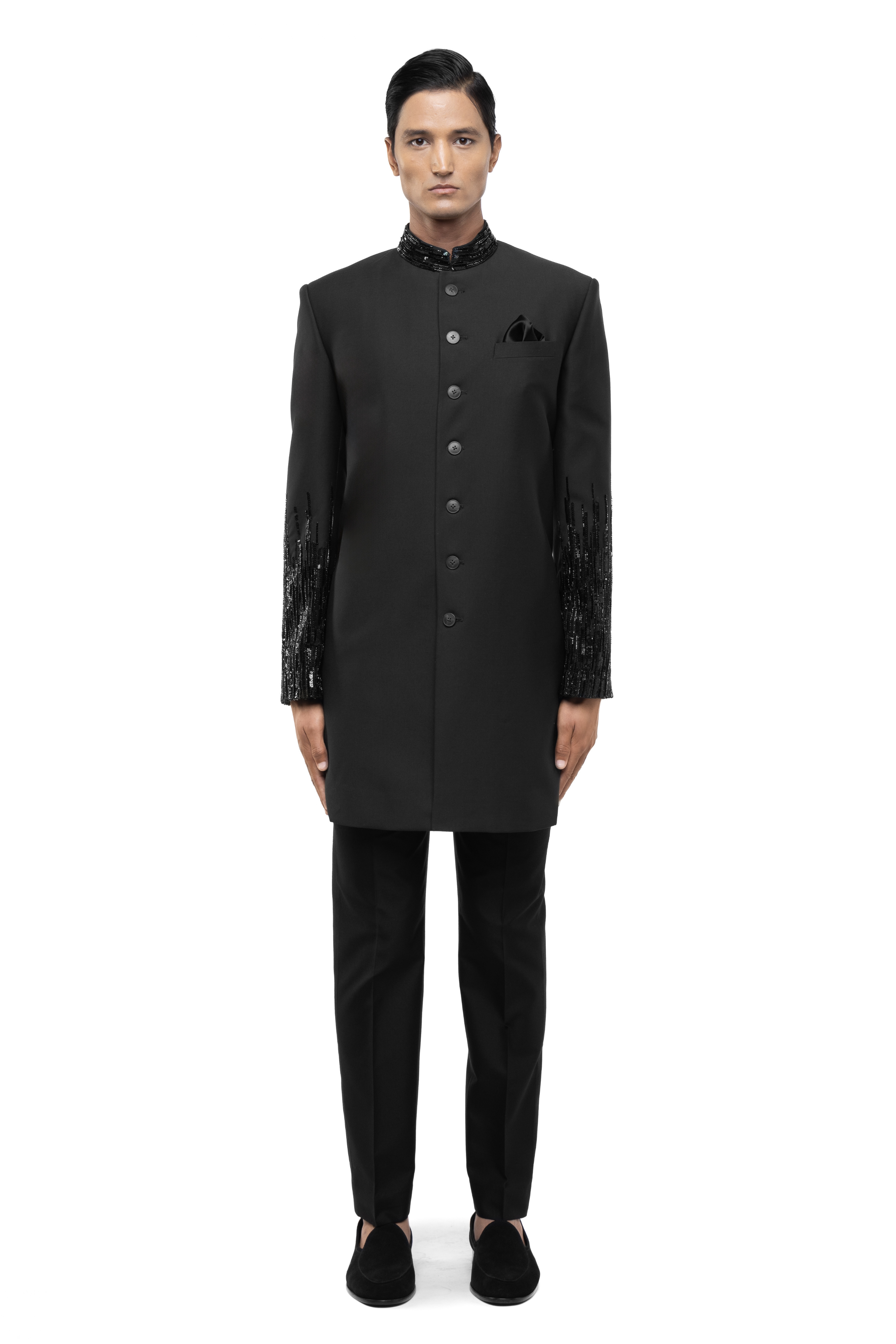 Green Worsted Wool Embroidered Sleeves Sherwani Set