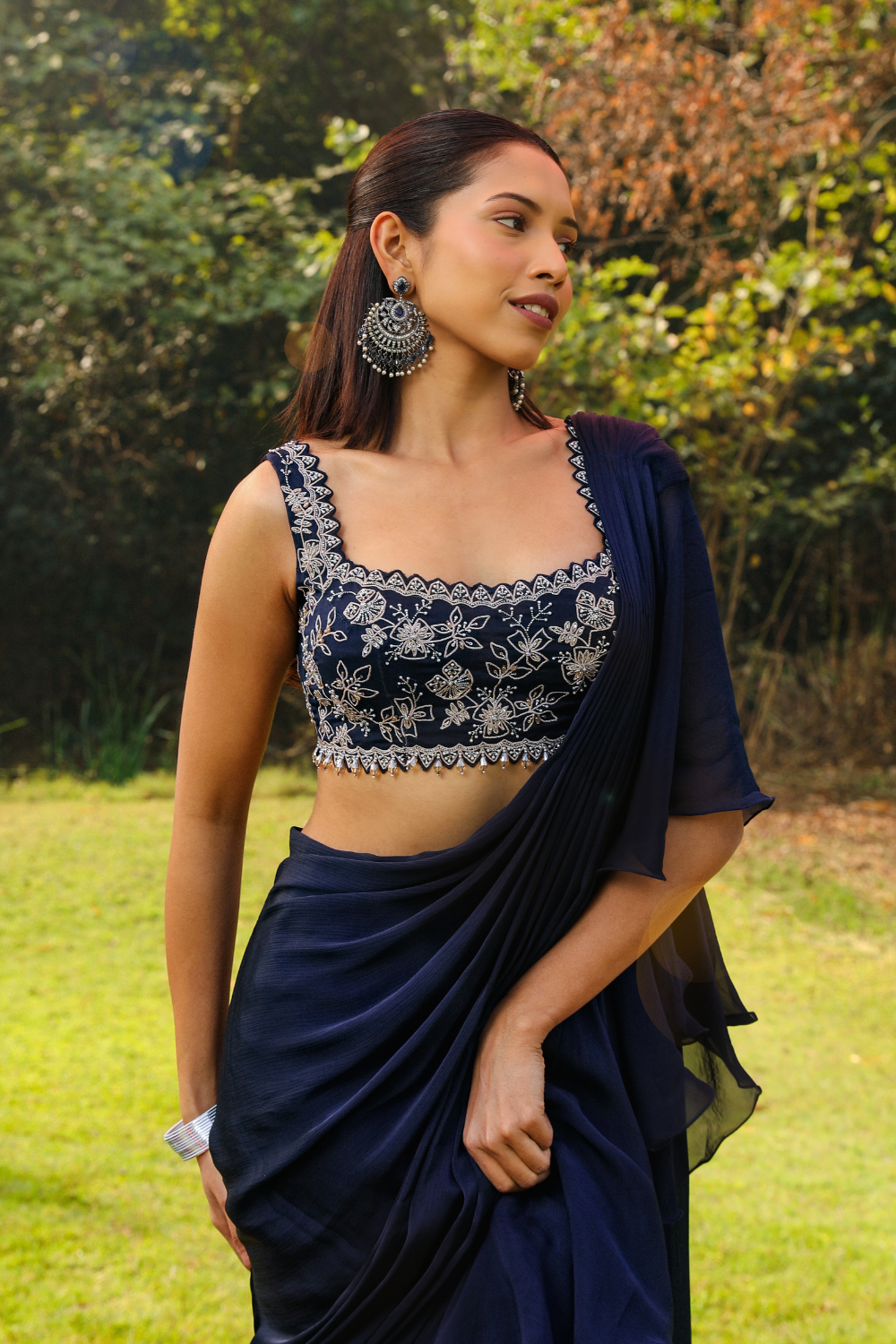 Navy Blue Taraa Pre-Stitched Drape Saree with Princess Sleeves