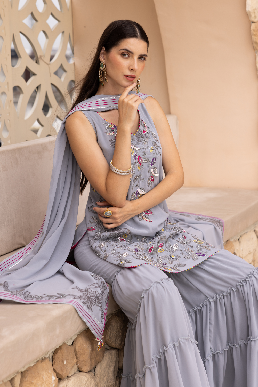 Jiya Grey Georgette Short Kurta with Frill Sharara & Dupatta