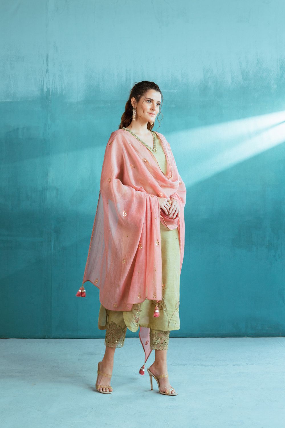 Pista Green Tissue Chanderi Kurta Pant Set