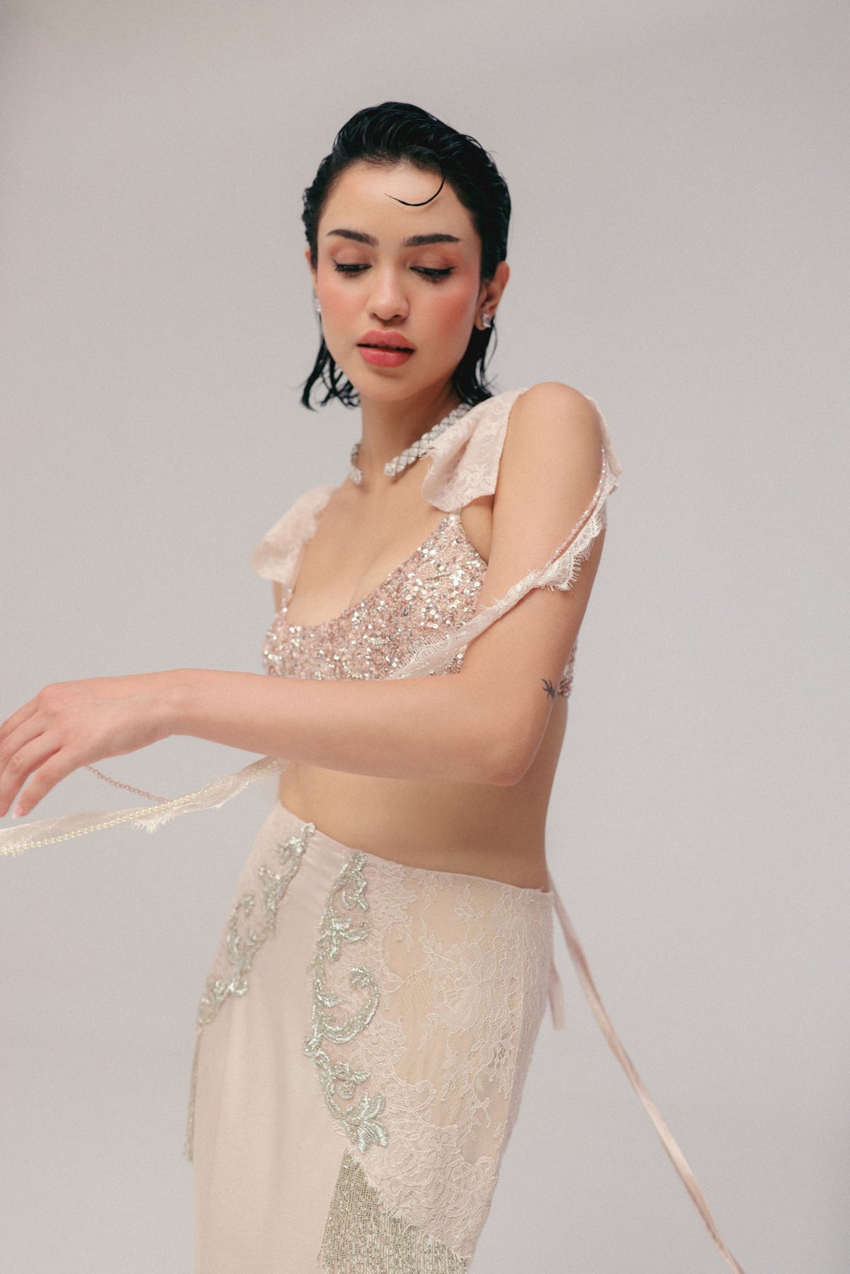Sequin & Bugle Bead Embroidery, Silk Satin & French Lace, Skirt Set, Blouse Silhouette