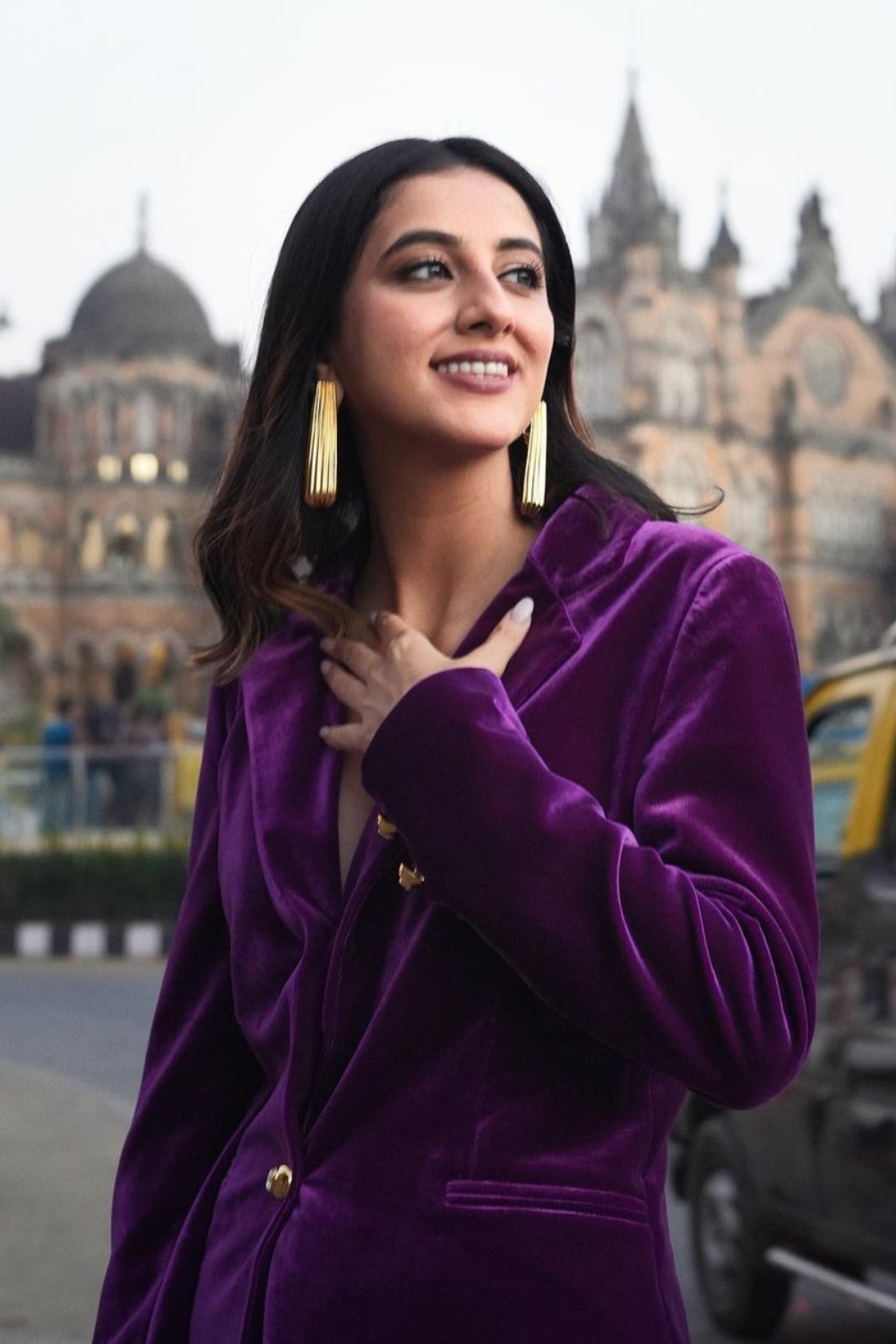Karishma Mehta Zuri Purple Silk Velvet Power Shoulder Co-ord Set