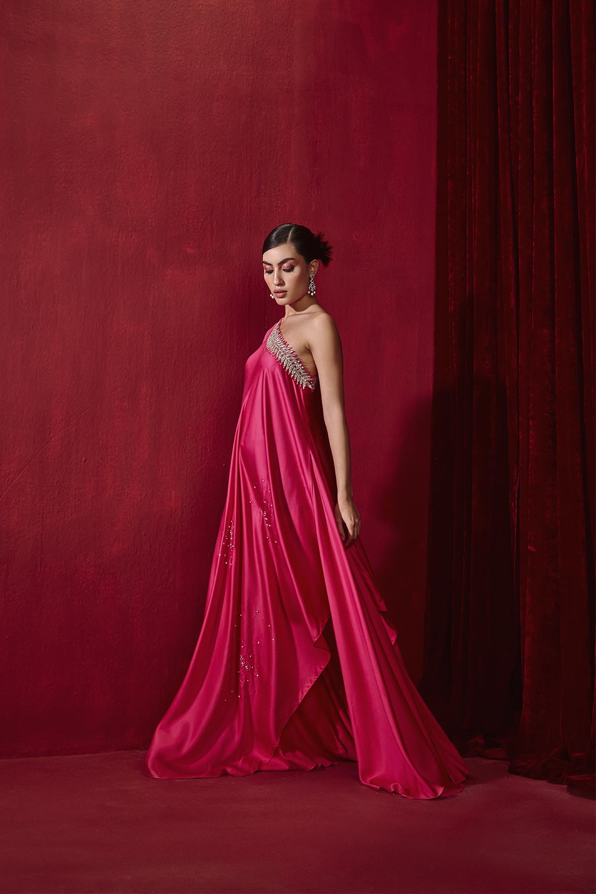 Rani Pink Modal Silk Asymmetrical Dress with 3D Embroidery