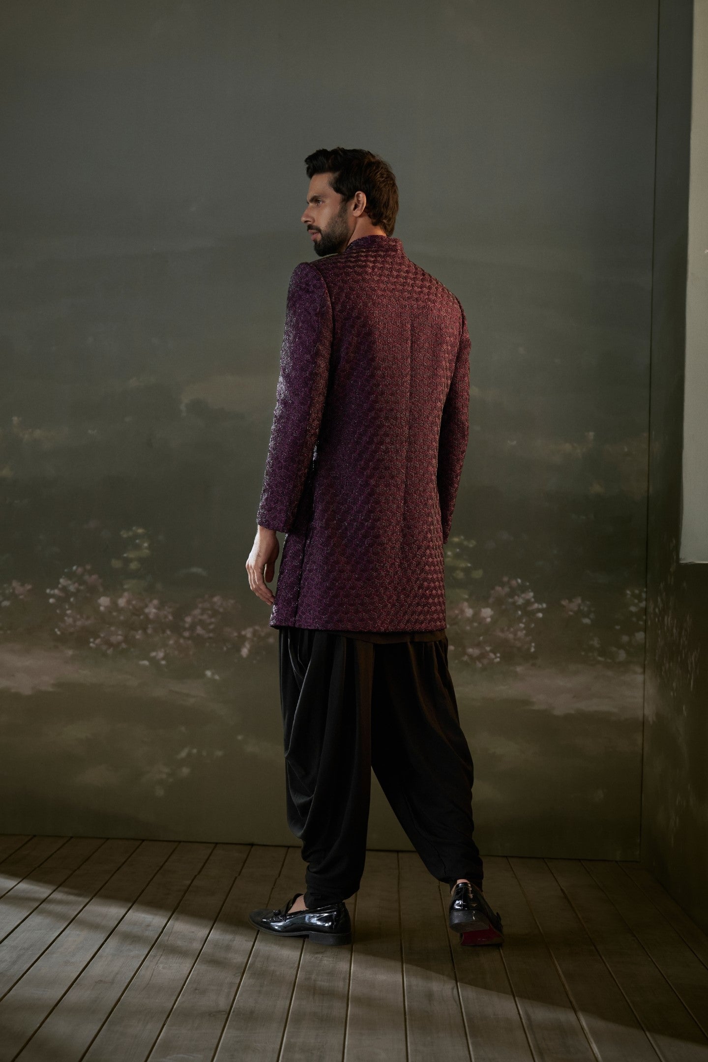 Purple Embroidered Raw Silk Sherwani with Black Kurta Dhoti