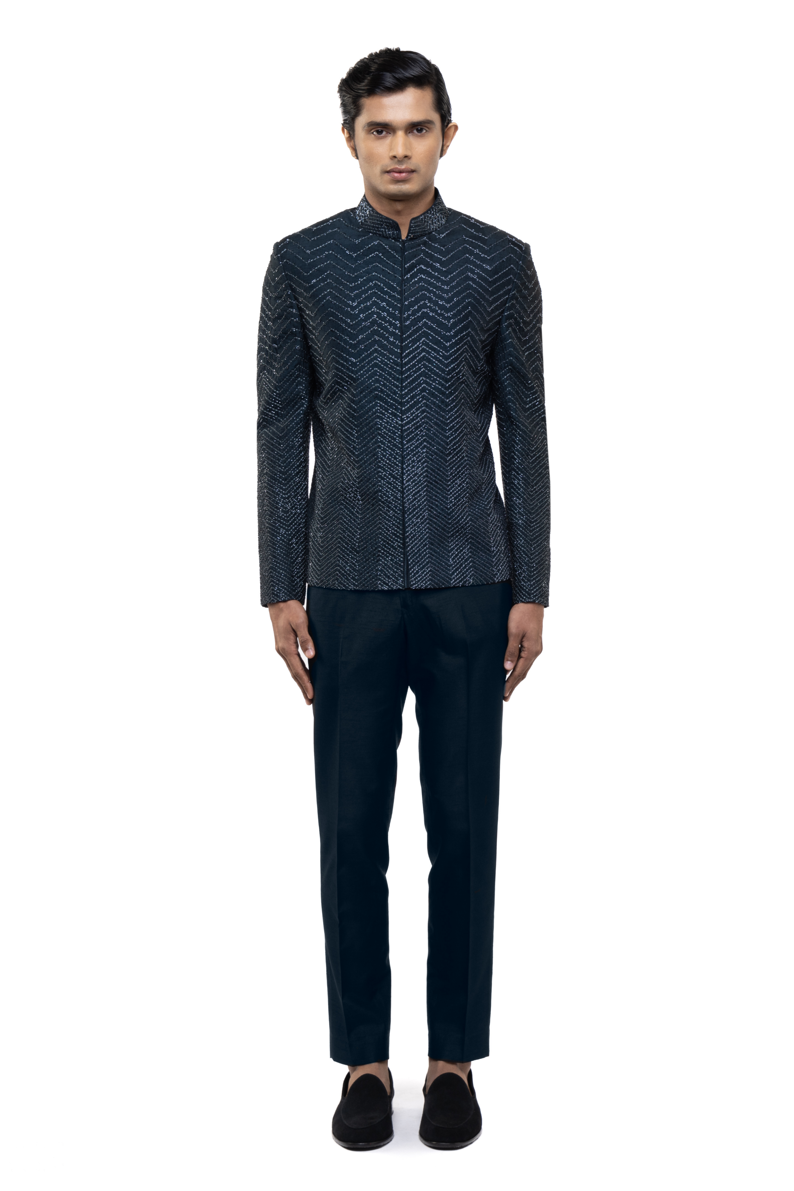 Navy Blue Silk Geometric Embroidery Bandhgala Set