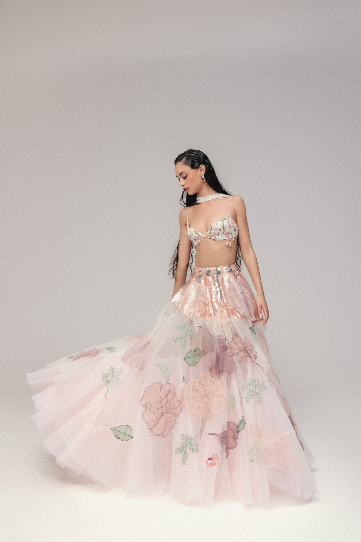 Beaded & Sequin Embroidery, Silk & Soft Tulle with French Lace, Skirt Set, Bralette Silhouette