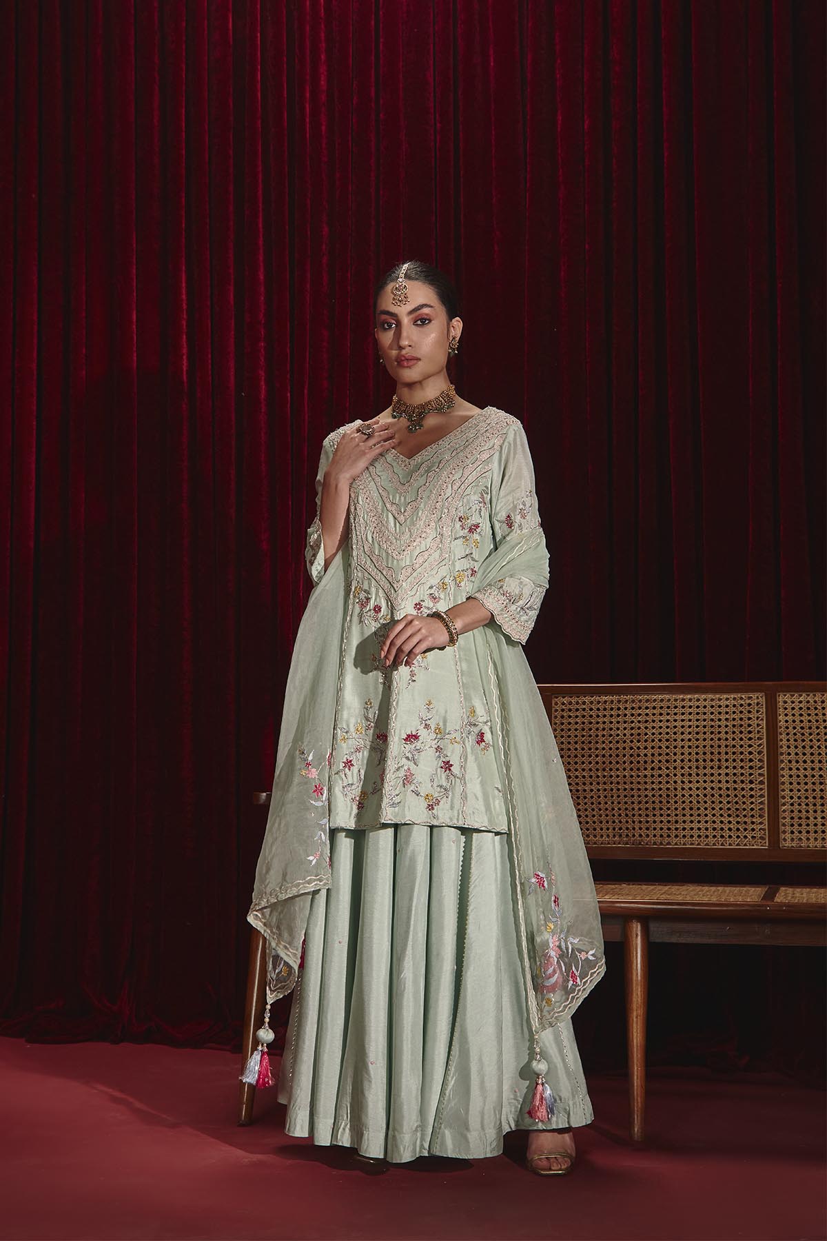 Powder Blue Dupion Silk Embroidered Kurta Sharara Set for Weddings