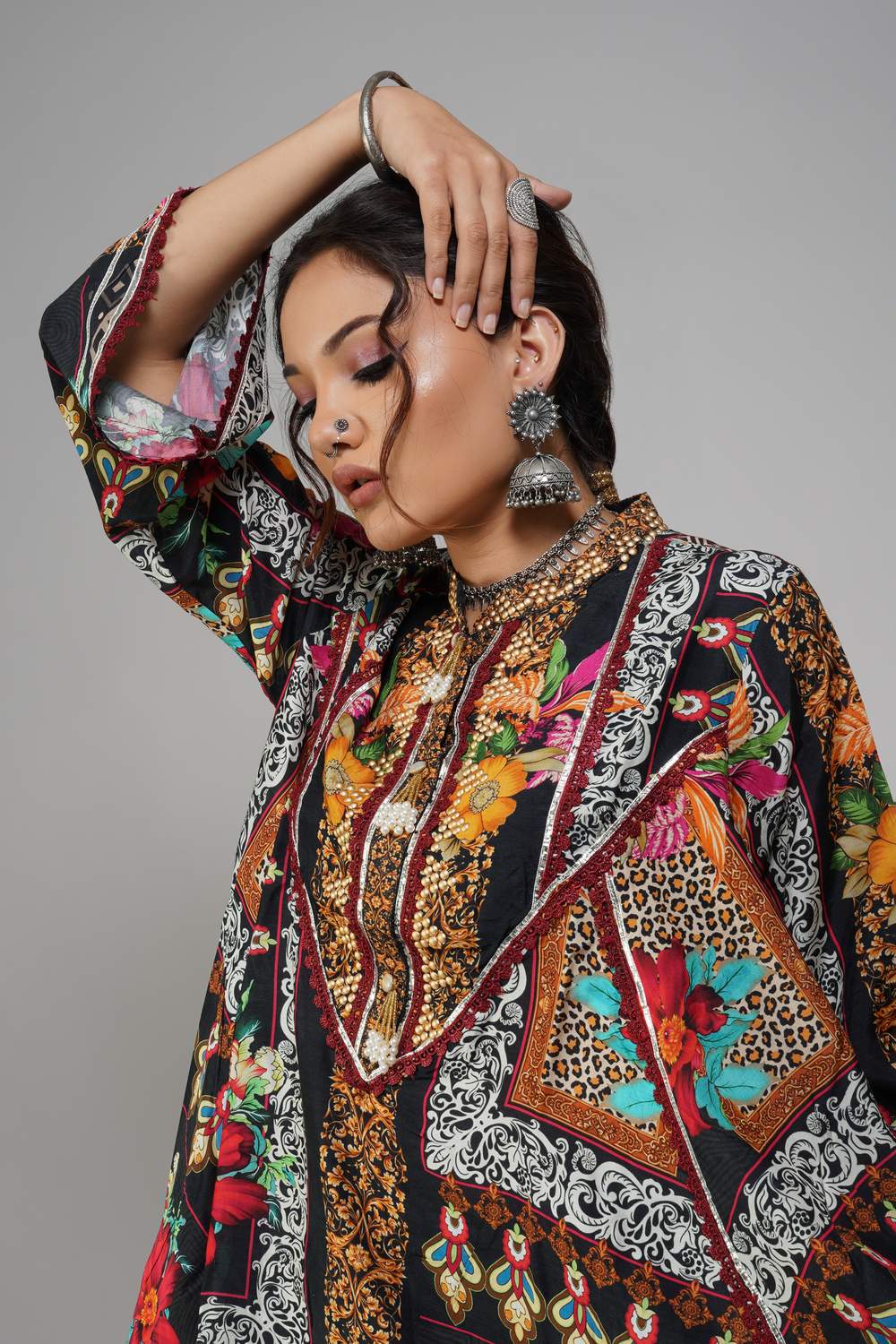 Floral & Motif Printed Cotton Muslin Co-ord Set | Festive Ensemble