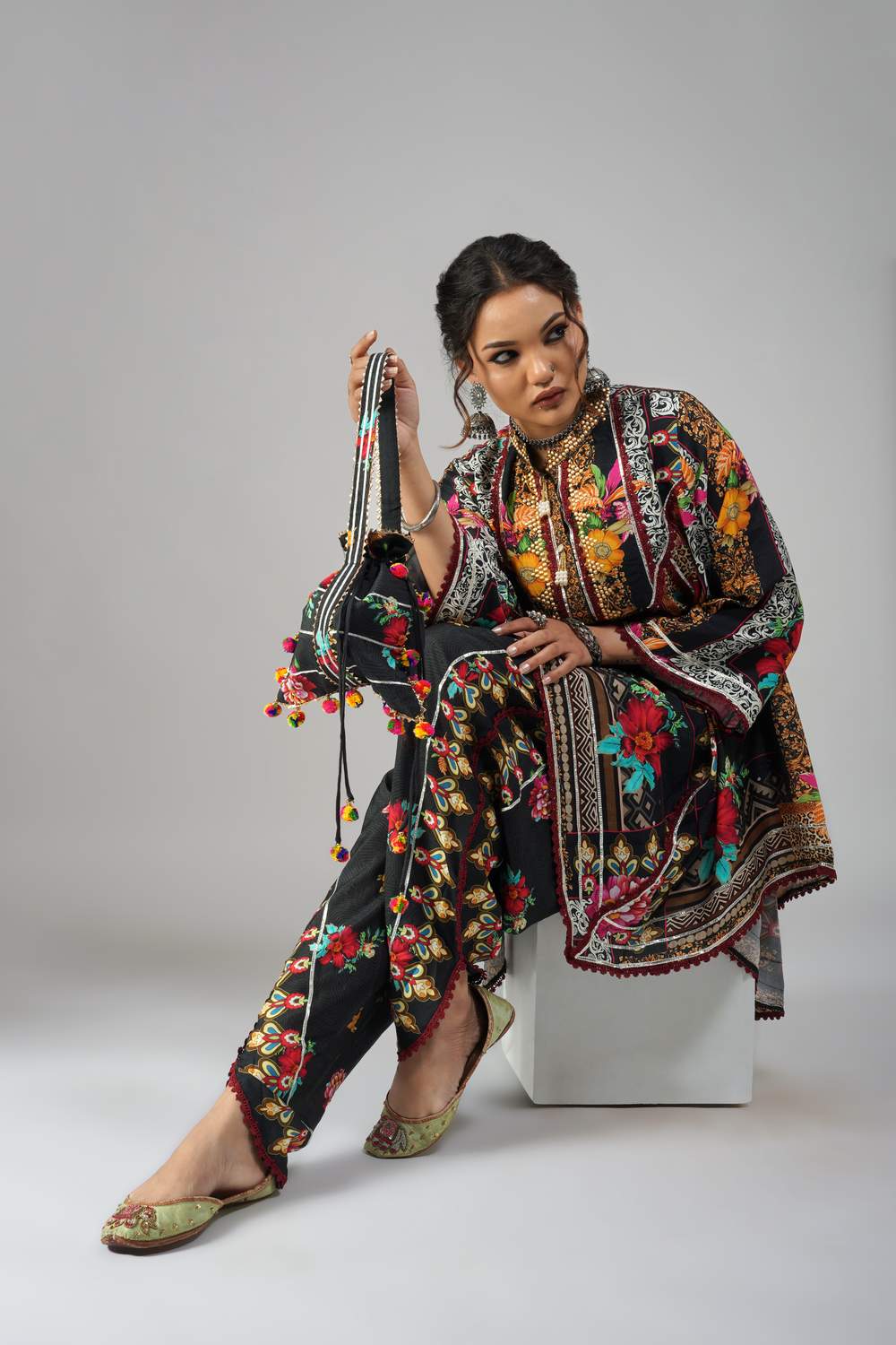 Floral & Motif Printed Cotton Muslin Co-ord Set | Festive Ensemble