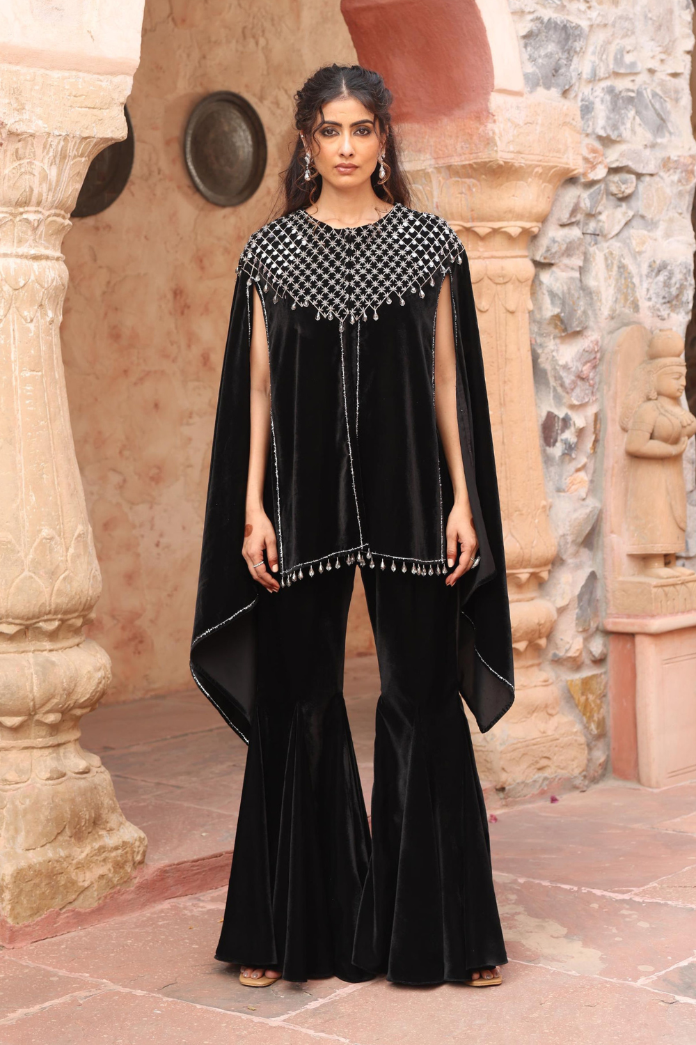 Black Velvet Embroidered Cape Set with Flared Sharara for Weddings