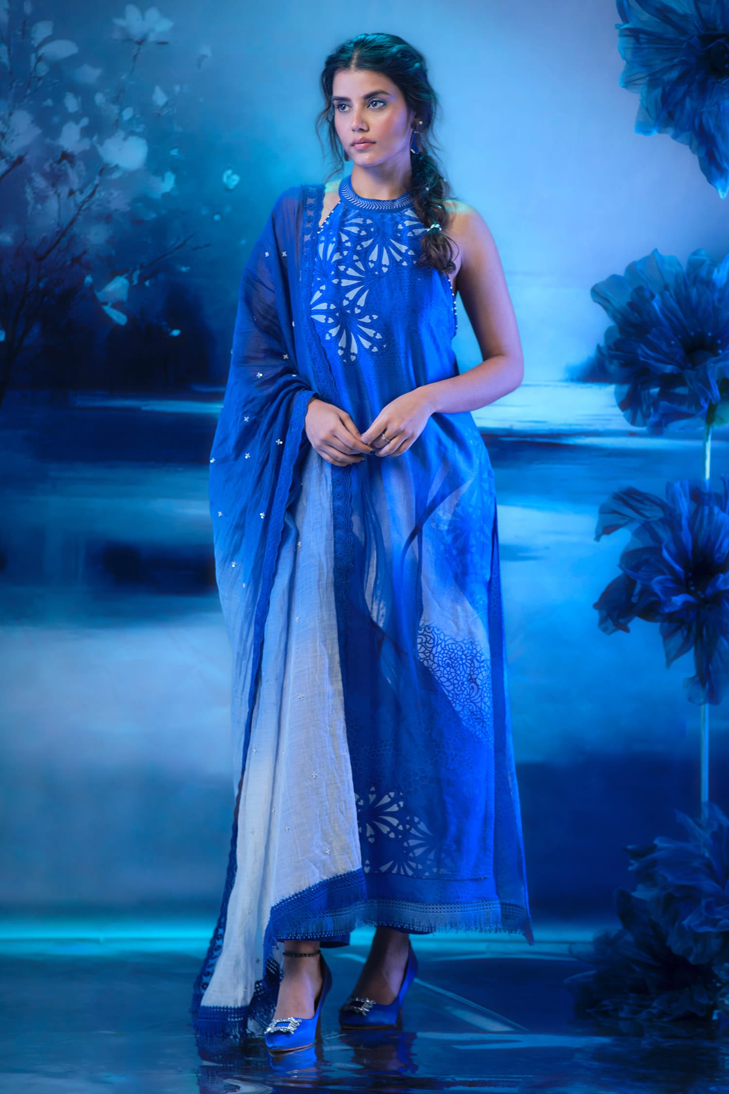 Twilight Halter Neck Kurta Set With Ombre Dupatta