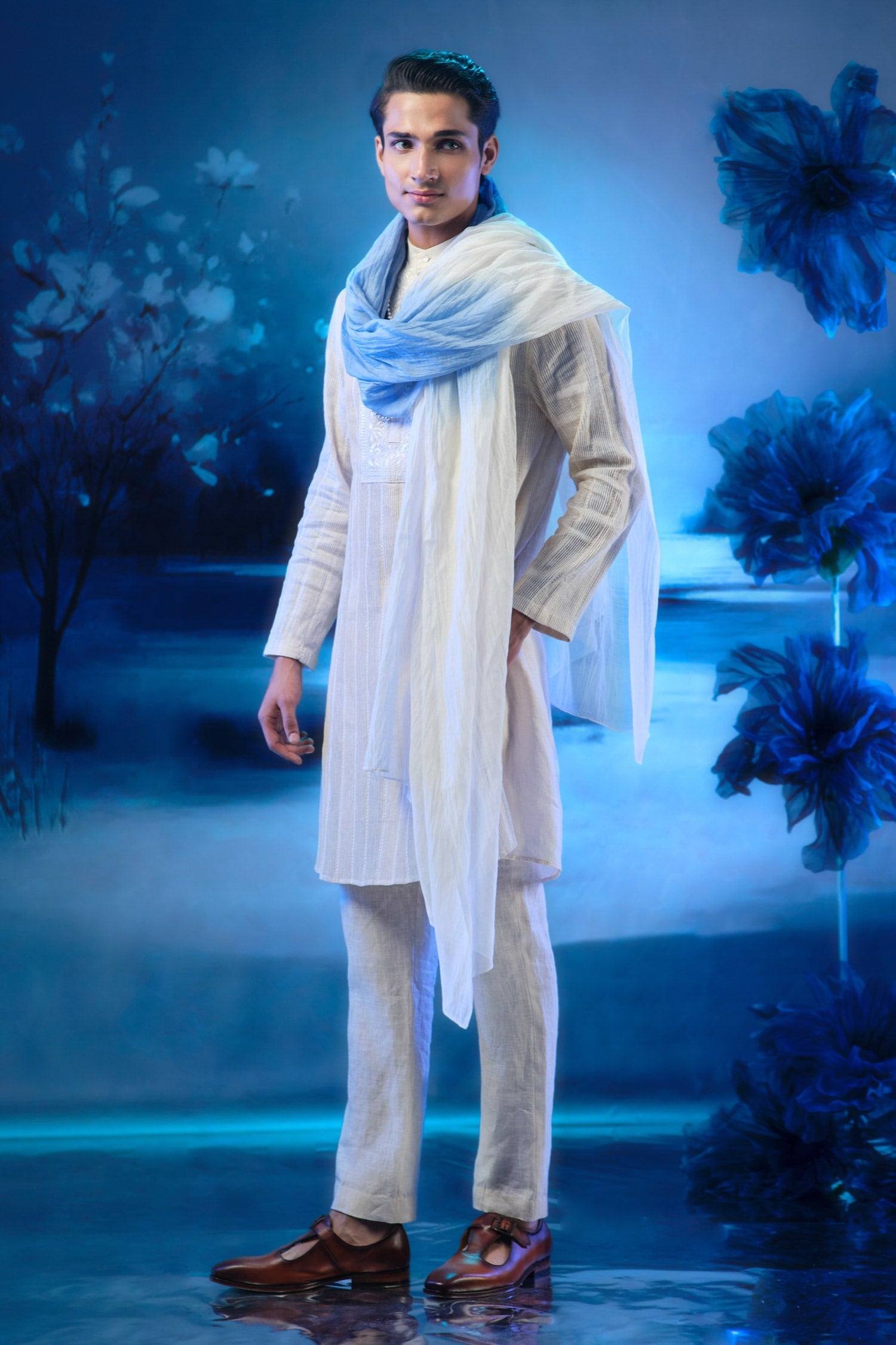 Pintuck Ivory Embroidered Kurta With Pant & Ombre Dupatta