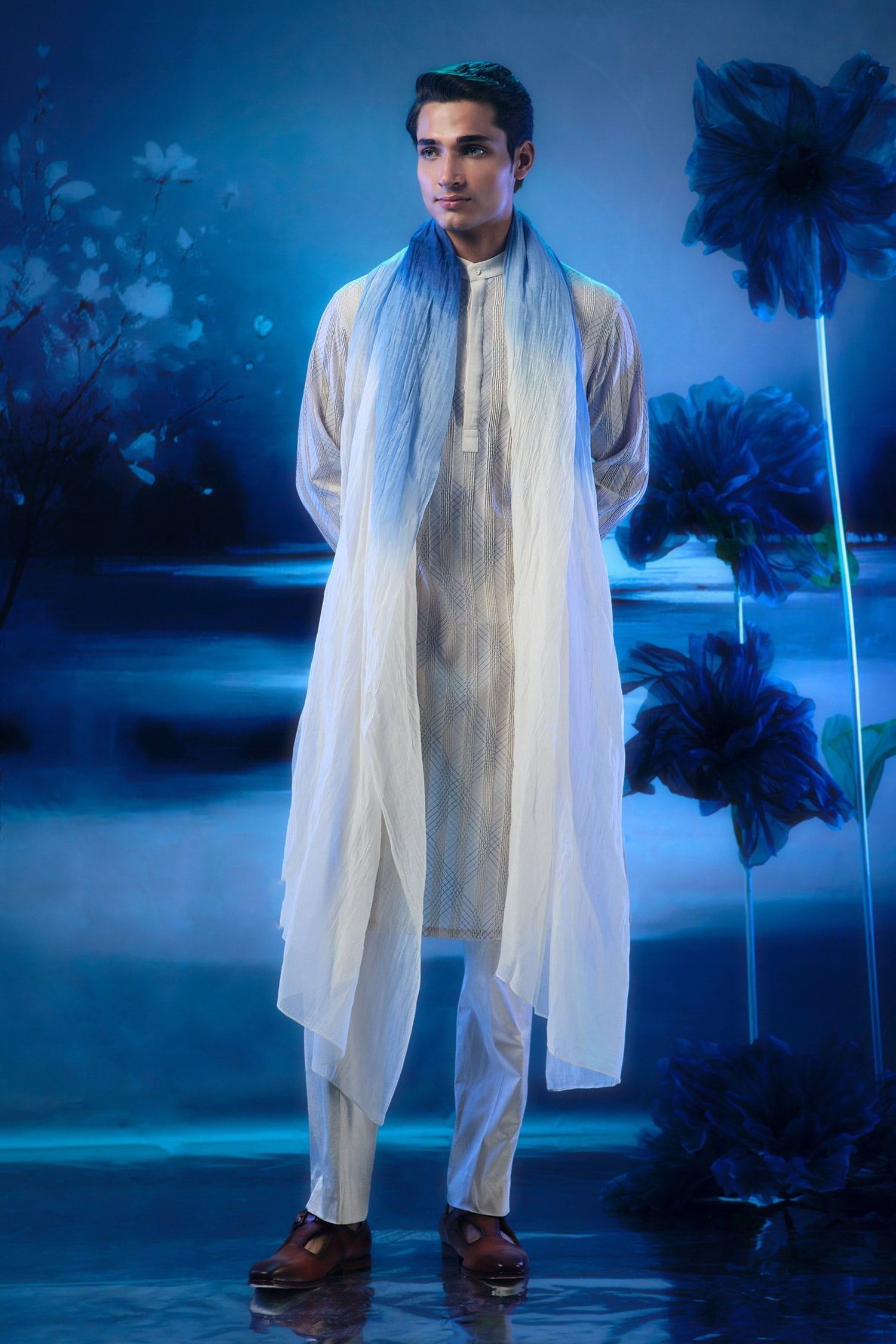 Pintuck Ivory Embroidered Kurta With Pant & Ombre Dupatta