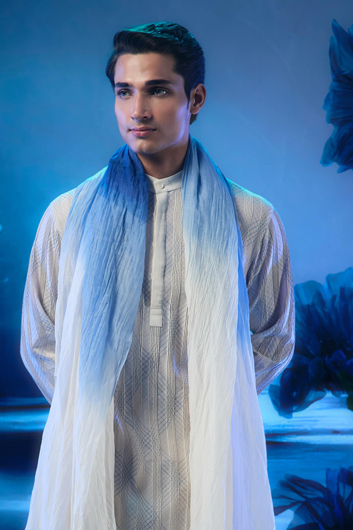 Pintuck Ivory Embroidered Kurta With Pant & Ombre Dupatta