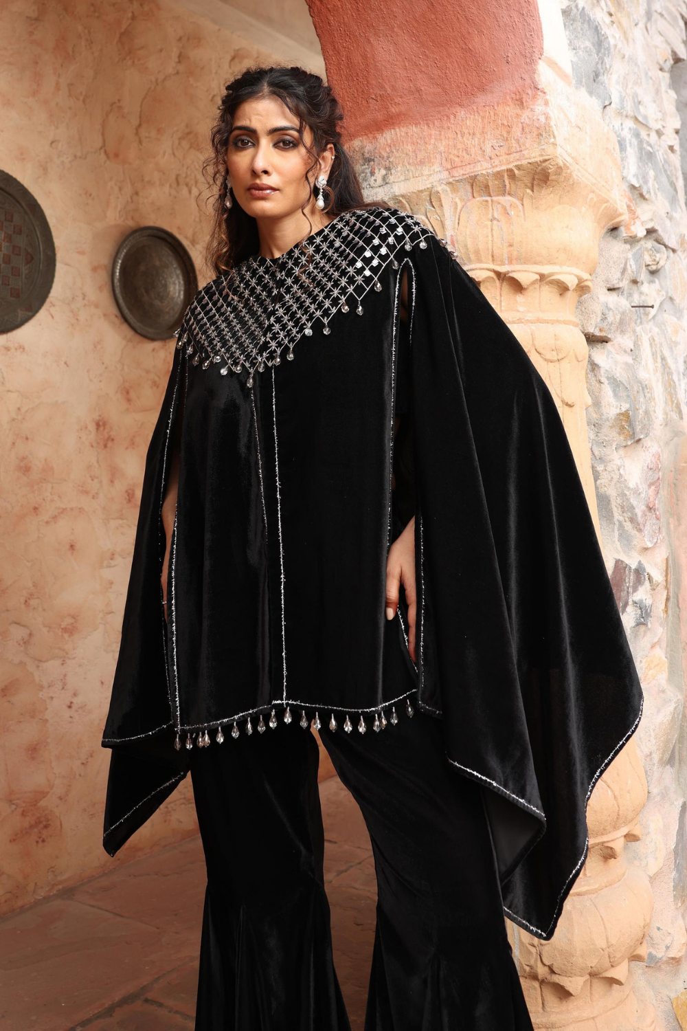Black Velvet Embroidered Cape Set with Flared Sharara for Weddings