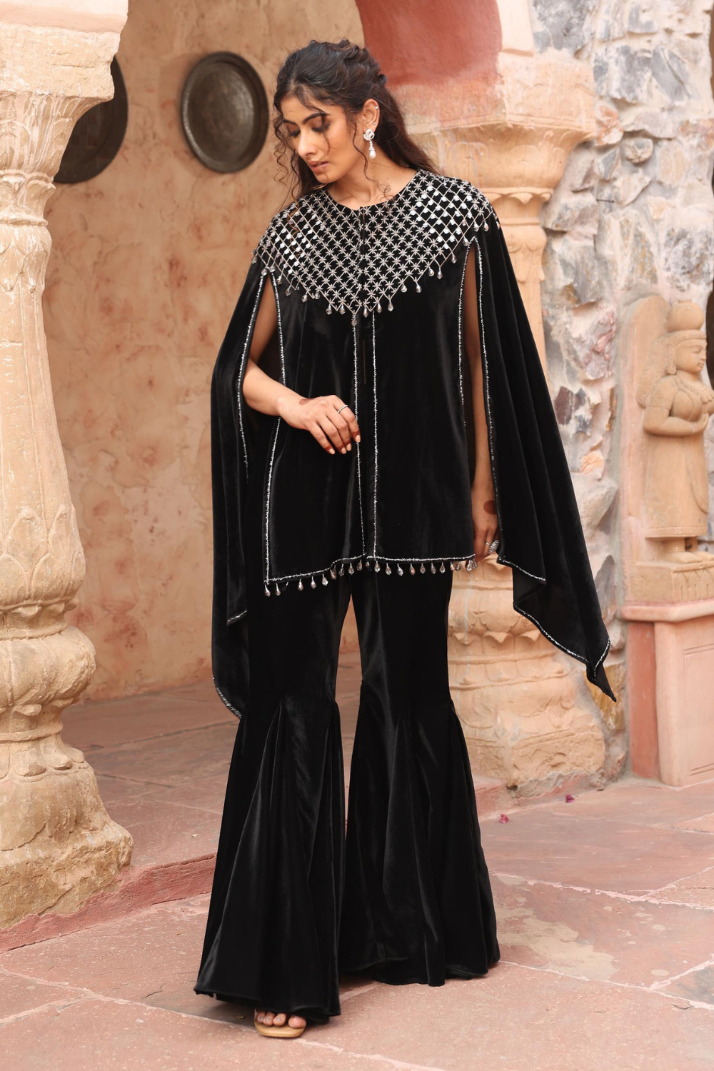 Black Velvet Embroidered Cape Set with Flared Sharara for Weddings