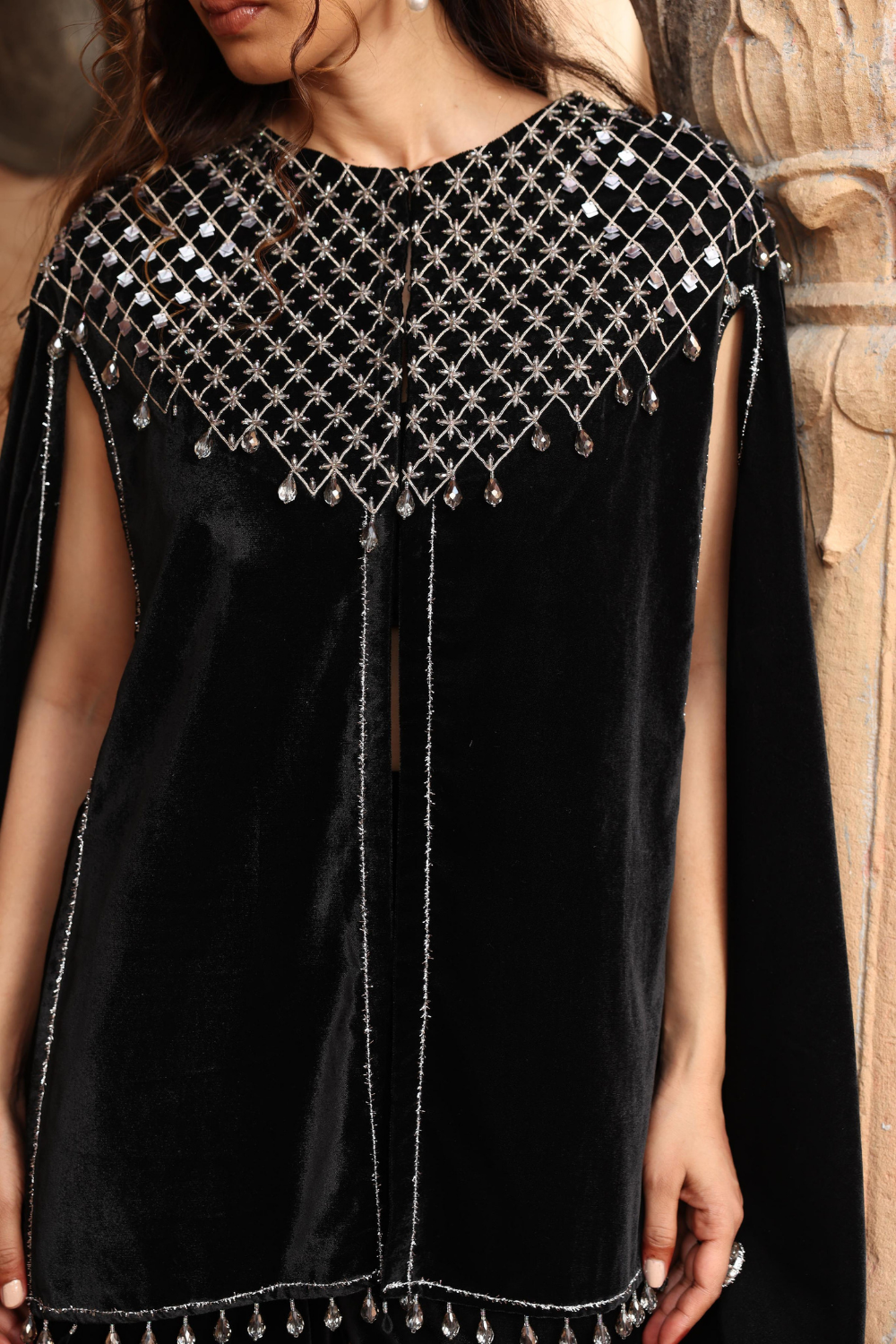 Black Velvet Embroidered Cape Set with Flared Sharara for Weddings