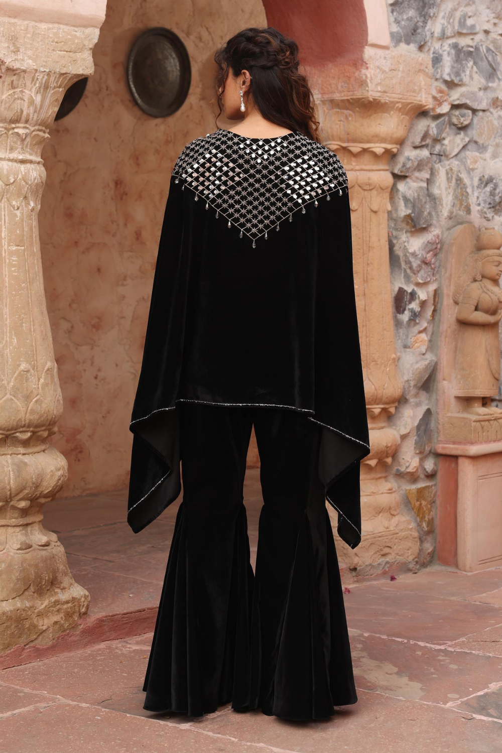 Black Velvet Embroidered Cape Set with Flared Sharara for Weddings