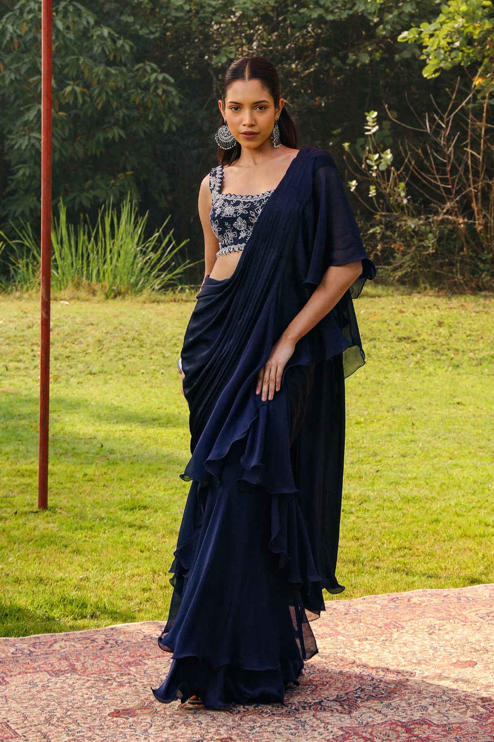 Navy Blue Taraa Pre-Stitched Drape Saree with Princess Sleeves