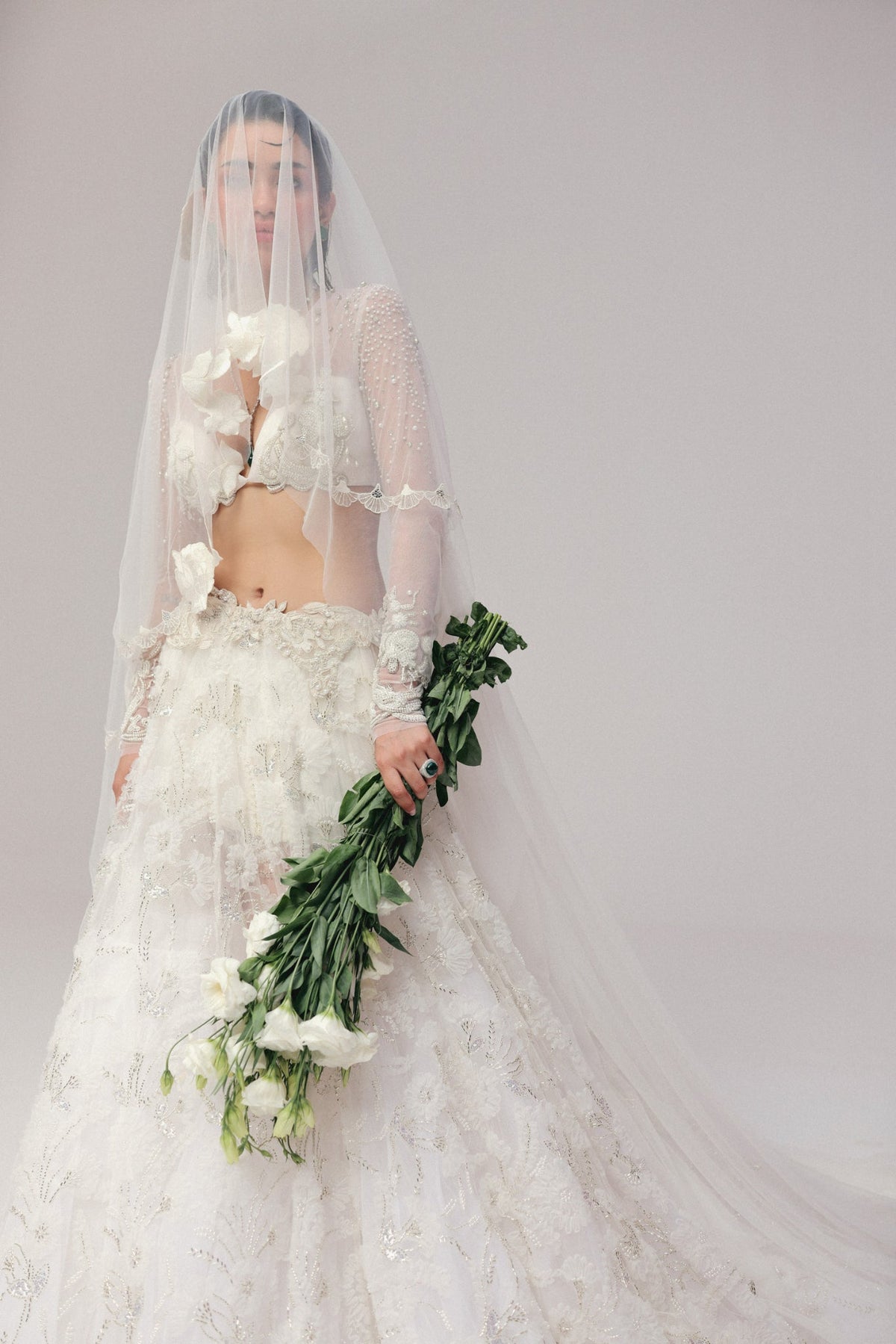 Pearl & Zardosi Embroidery, Tulle & French Lace with Silk, Skirt Set, Full Sleeve Blouse Silhouette