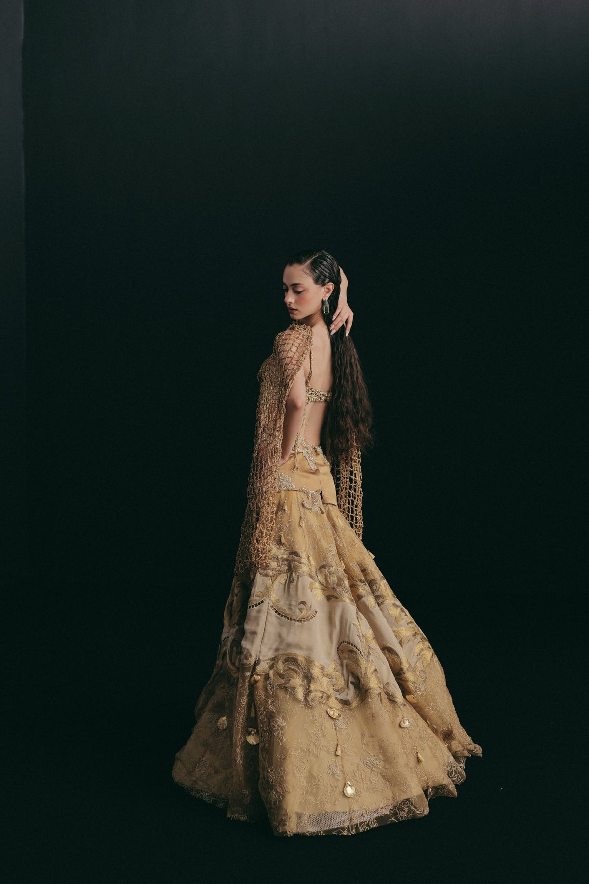 Zardosi & Cutwork Embroidery, Silk & Tulle with Crochet Detailing, Skirt Set, Bralette Silhouette