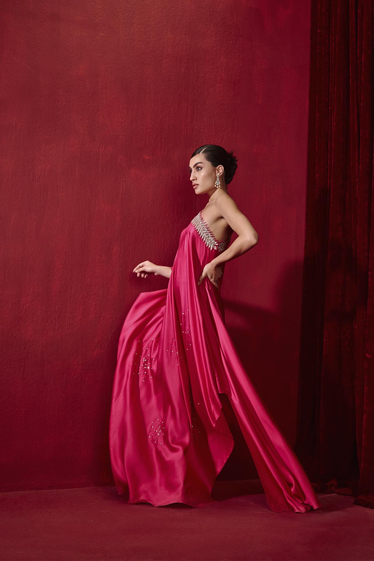 Rani Pink Modal Silk Asymmetrical Dress with 3D Embroidery