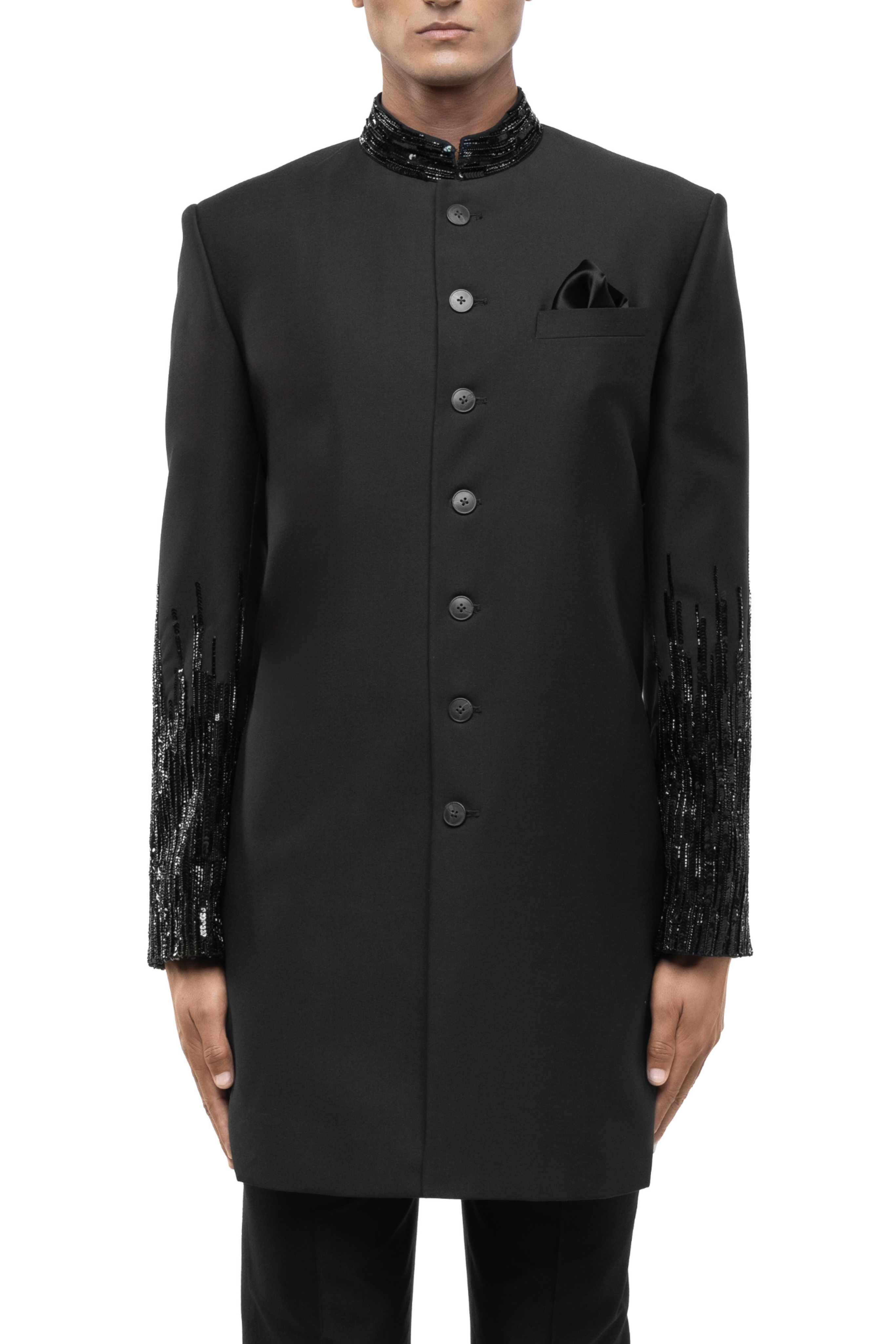 Green Worsted Wool Embroidered Sleeves Sherwani Set