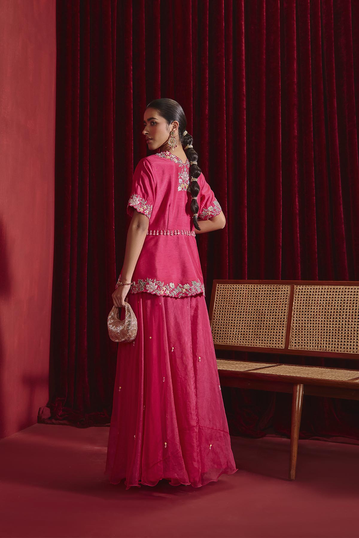 Rani Pink Embroidered A-Line Jacket with Beadwork Sharara Set