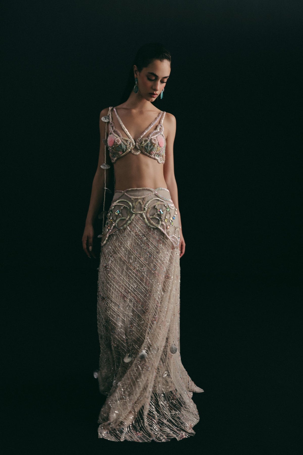Beaded & Mukaish Embroidery, Tulle & Silk with Lace Detailing, Skirt Set, Crop Silhouette