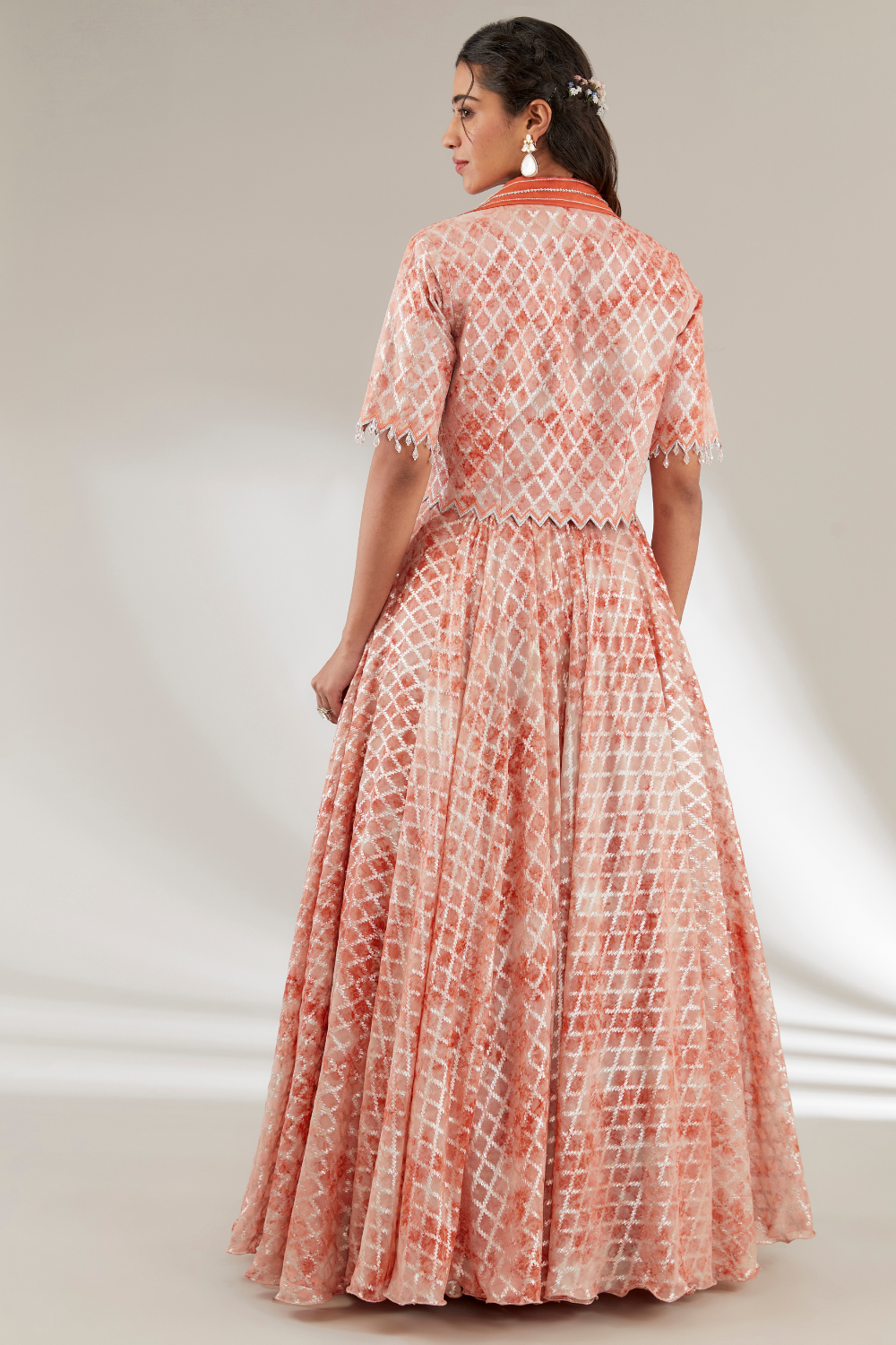 Piya Rust Orange Opada Silk Skirt Set with Crystal Jacket