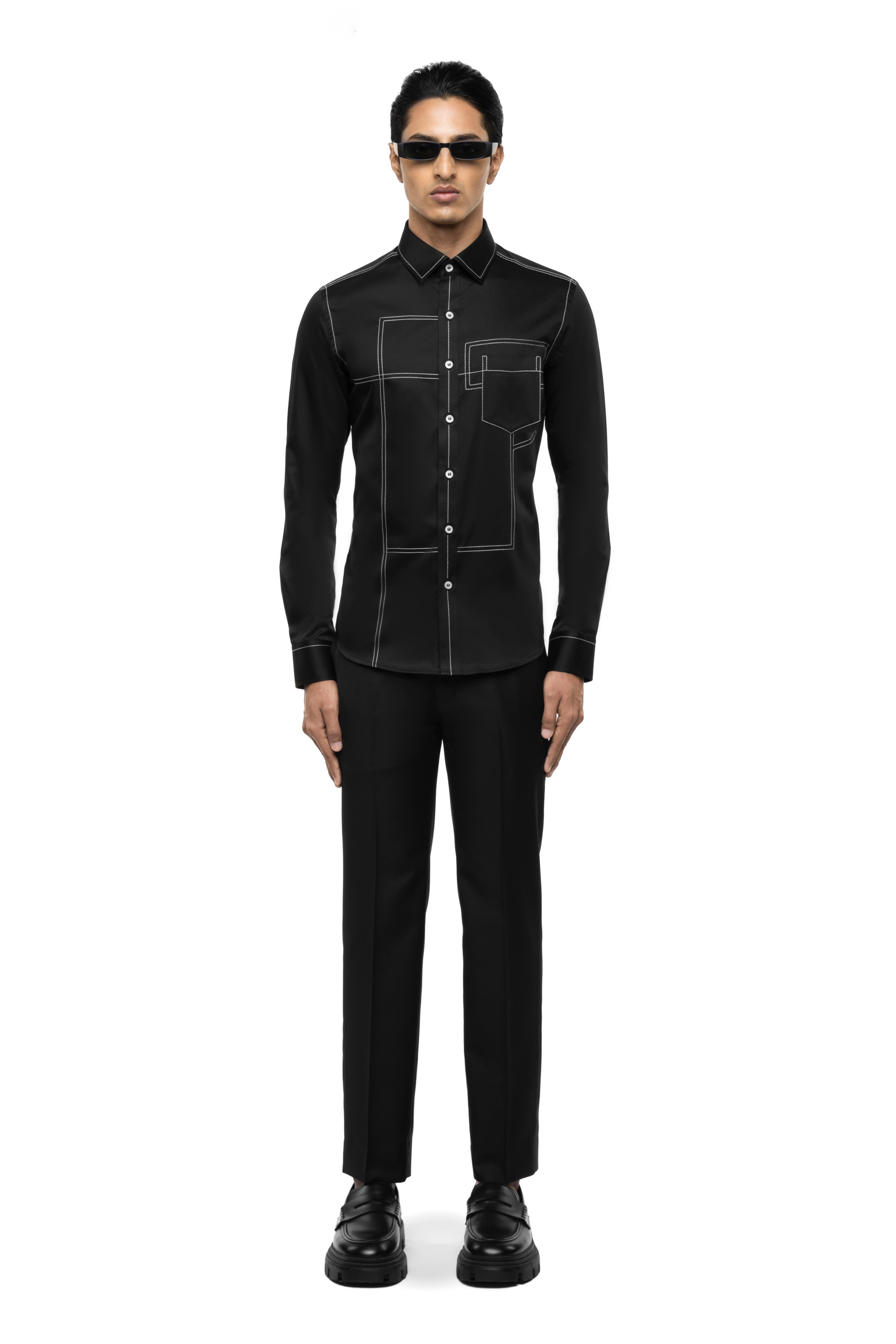 Black Cotton Shirt with White Stitchlines