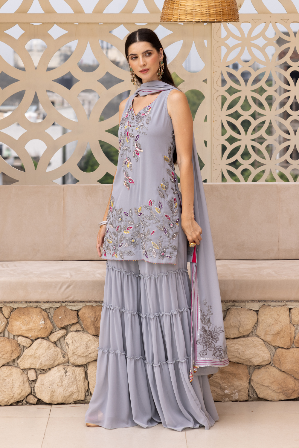 Jiya Grey Georgette Short Kurta with Frill Sharara & Dupatta