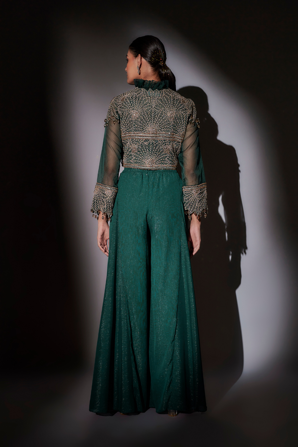 Green June Jacket Set with Embroidered Organza Sharara