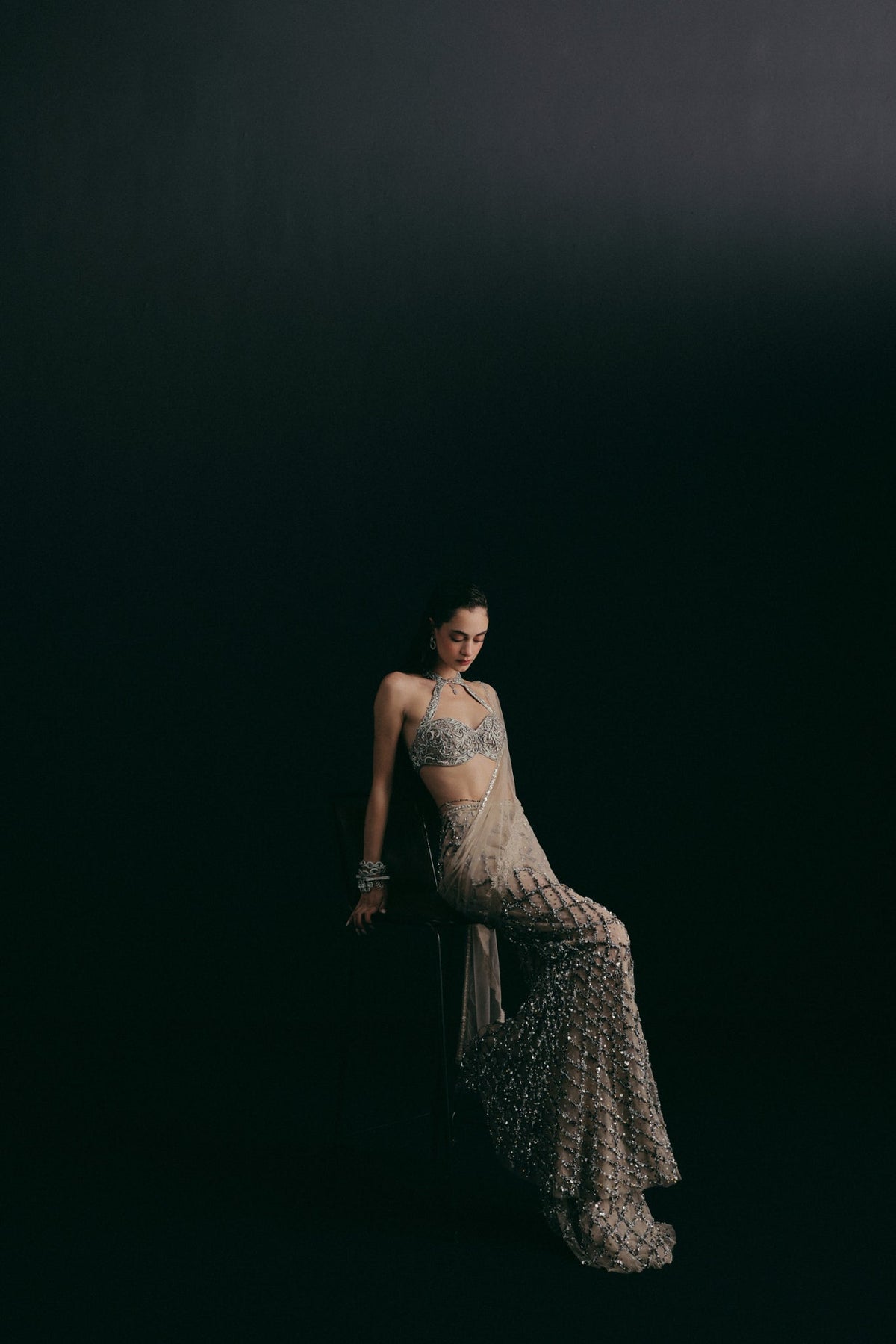 Zardosi Filigree Embroidery, Tulle & Silk with French Lace, Pant Set, Halter Crop Silhouette
