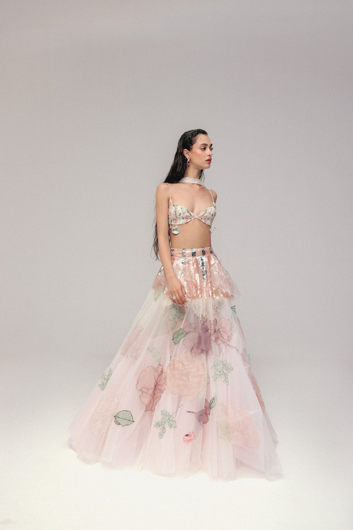 Beaded & Sequin Embroidery, Silk & Soft Tulle with French Lace, Skirt Set, Bralette Silhouette