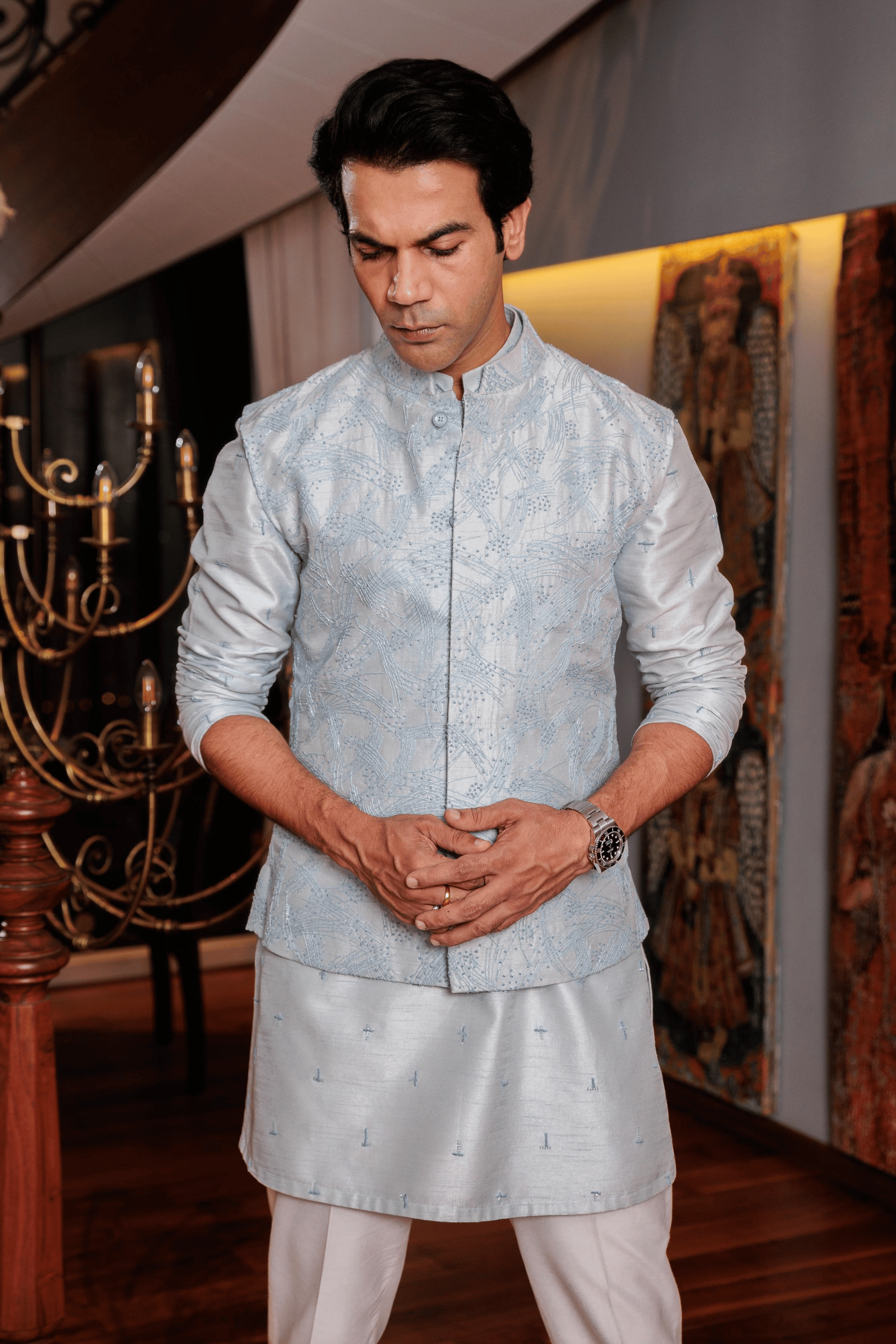 Light Blue Silk Hand Embroidered Kurta-Bandi Set