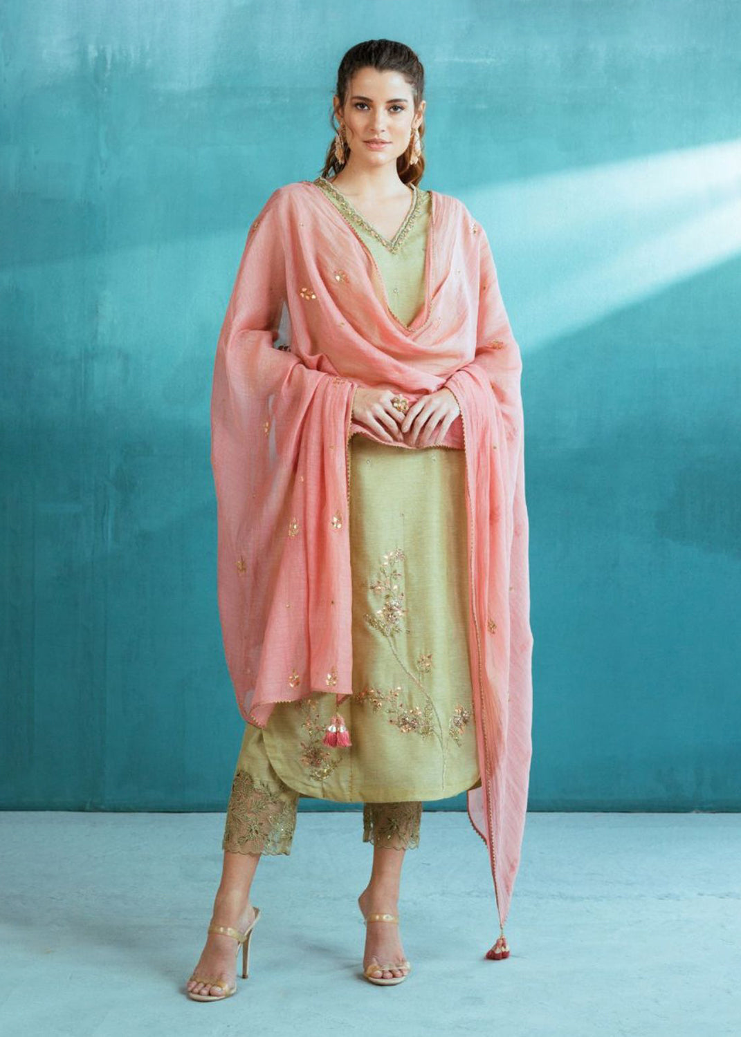 Pista Green Tissue Chanderi Kurta Pant Set