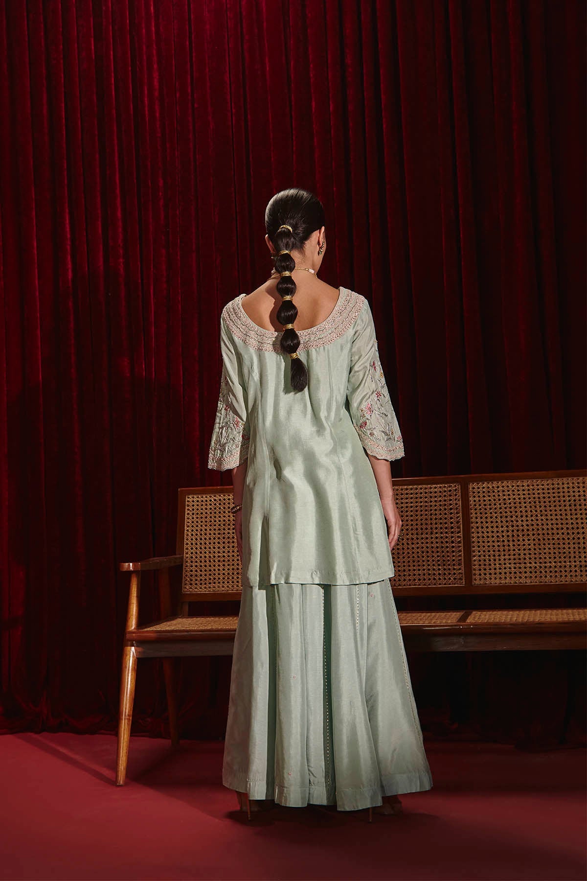 Powder Blue Dupion Silk Embroidered Kurta Sharara Set for Weddings