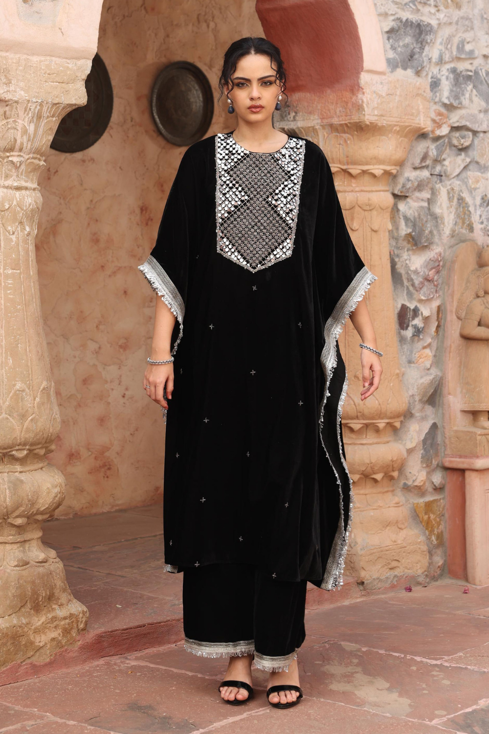 Black Velvet Embroidered Kaftan Set with Palazzo Pants
