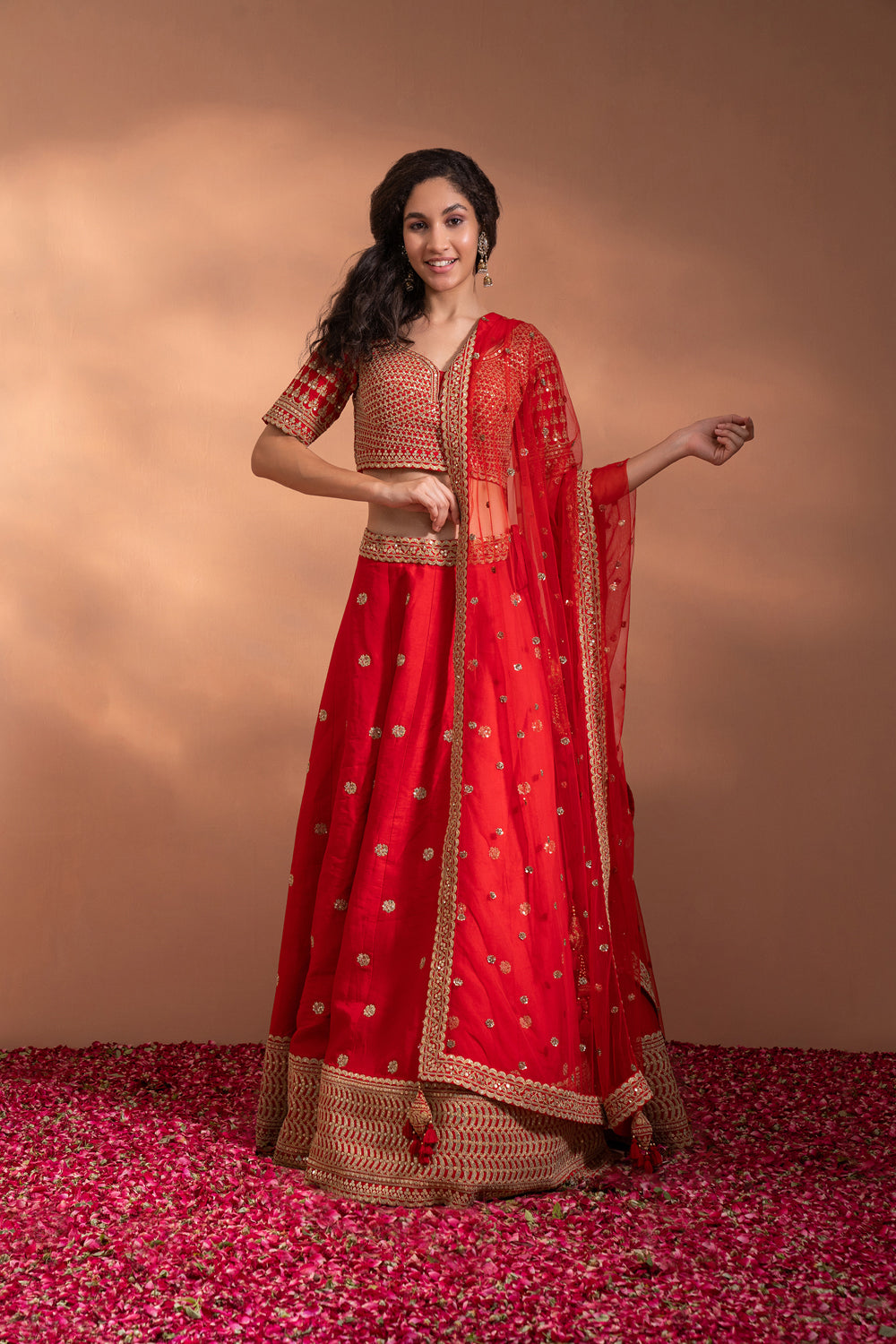 Bright Red Lehenga Set In Silk With Heavy Gota & Embriodery Work. - Auraya Fashion - Riyaasat - #tag1# - #tag2# - #tag3# - #tag3#