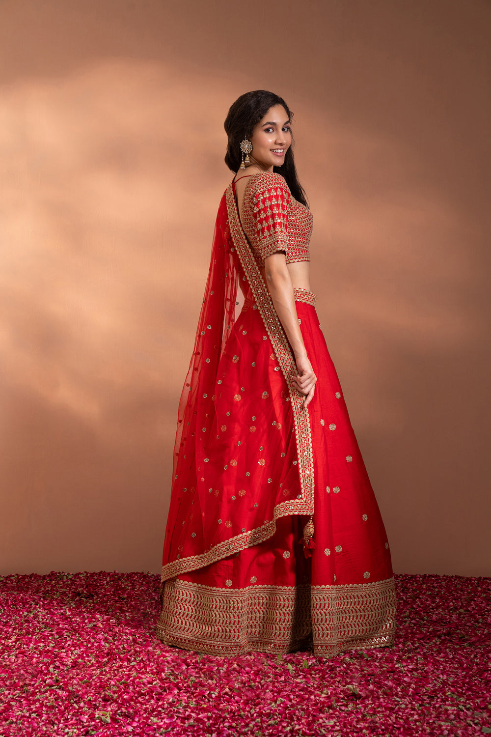 Bright Red Lehenga Set In Silk With Heavy Gota & Embriodery Work. - Auraya Fashion -  - #tag1# - #tag2# - #tag3# - #tag3#