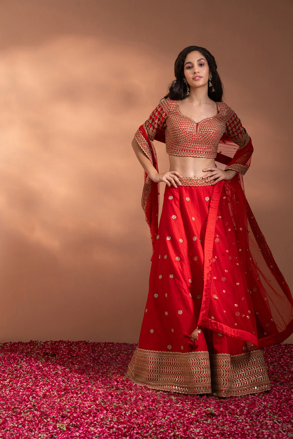 Bright Red Lehenga Set In Silk With Heavy Gota & Embriodery Work. - Auraya Fashion -  - #tag1# - #tag2# - #tag3# - #tag3#