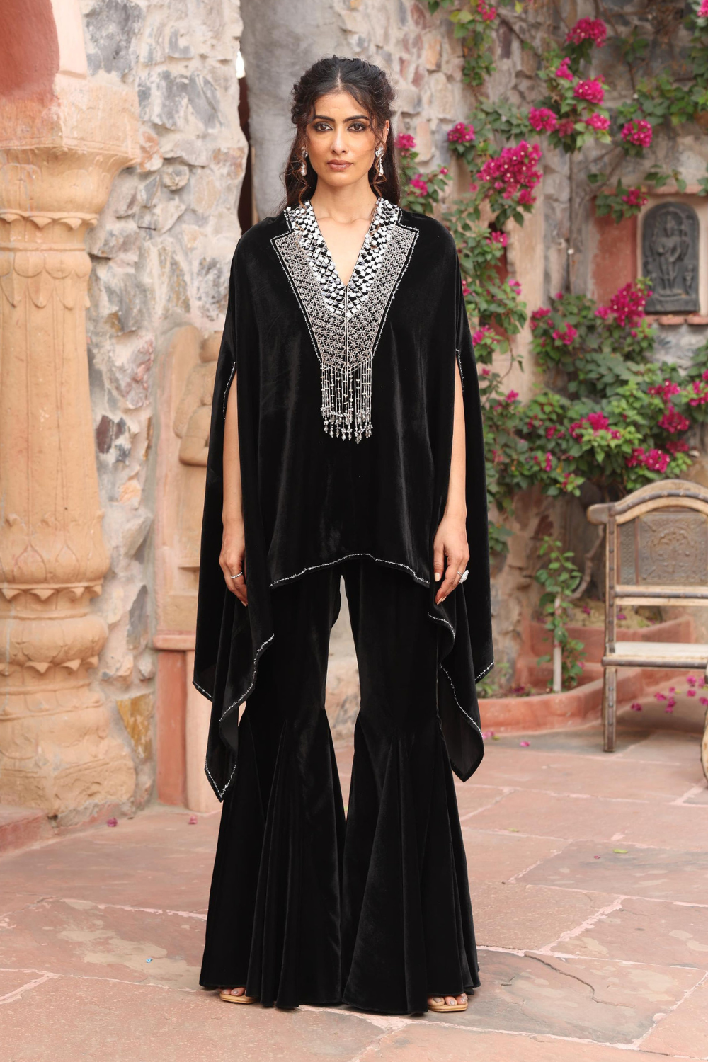Black Velvet Embroidered Cape Set with Flared Sharara