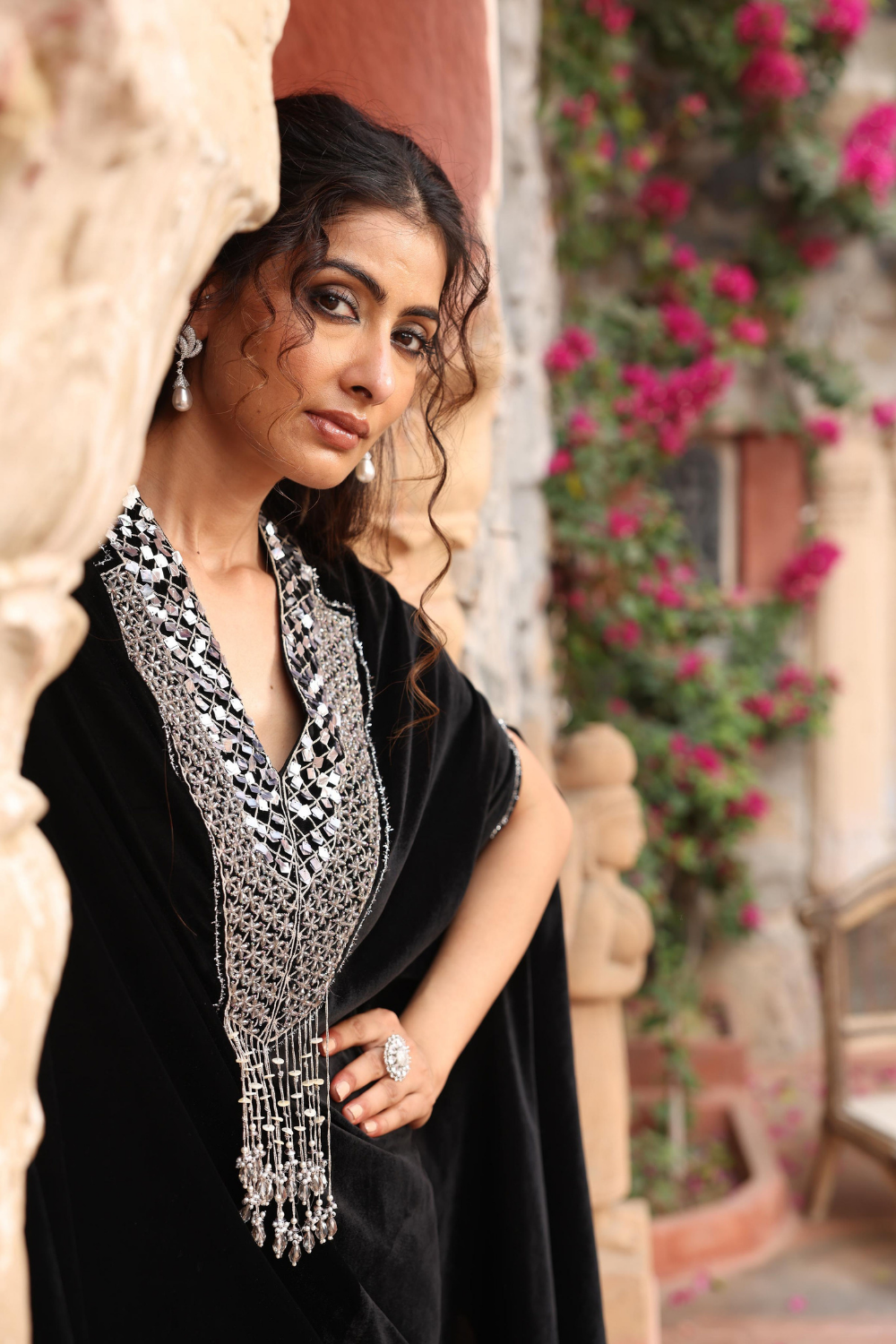 Black Velvet Embroidered Cape Set with Flared Sharara