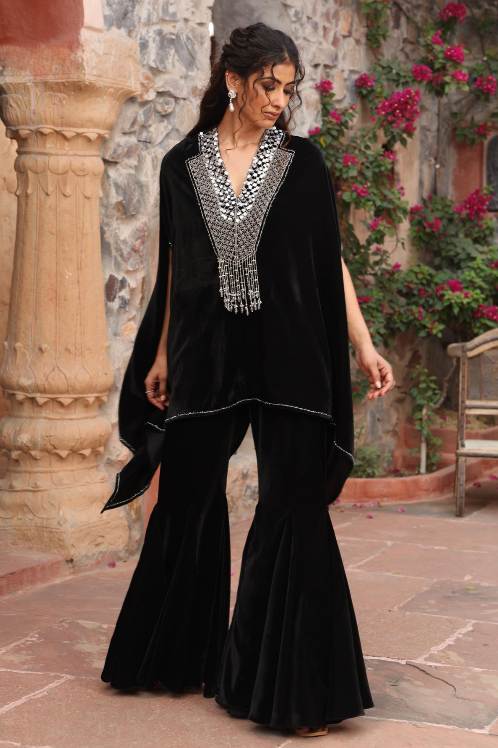 Embroidered Black Velvet Cape Set with Flared Sharara