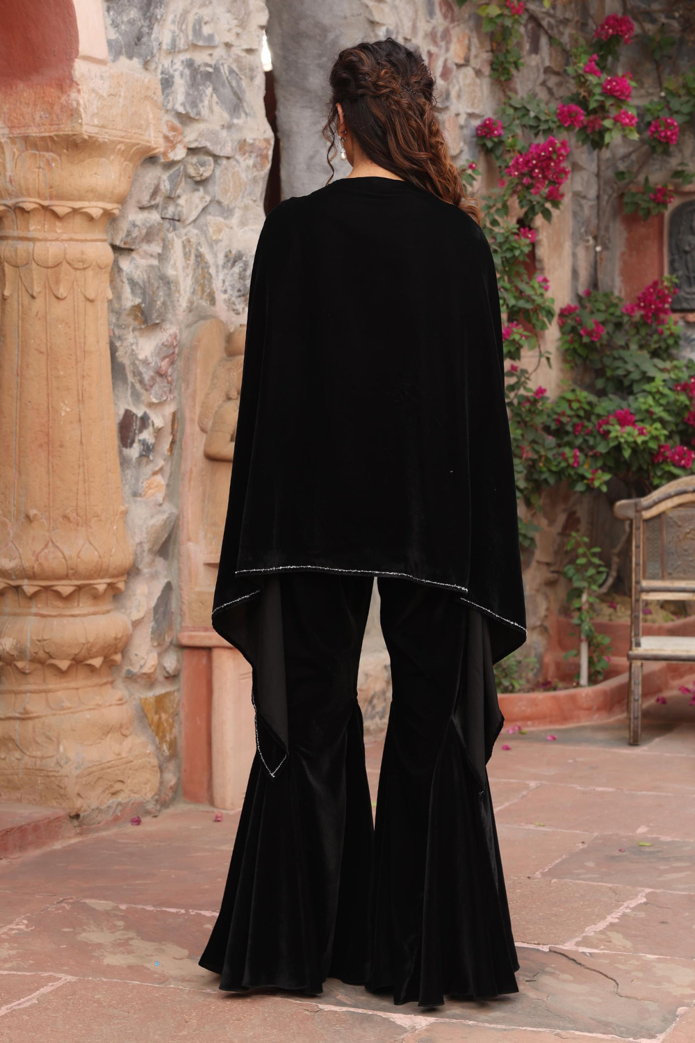 Black Velvet Embroidered Cape Set with Flared Sharara