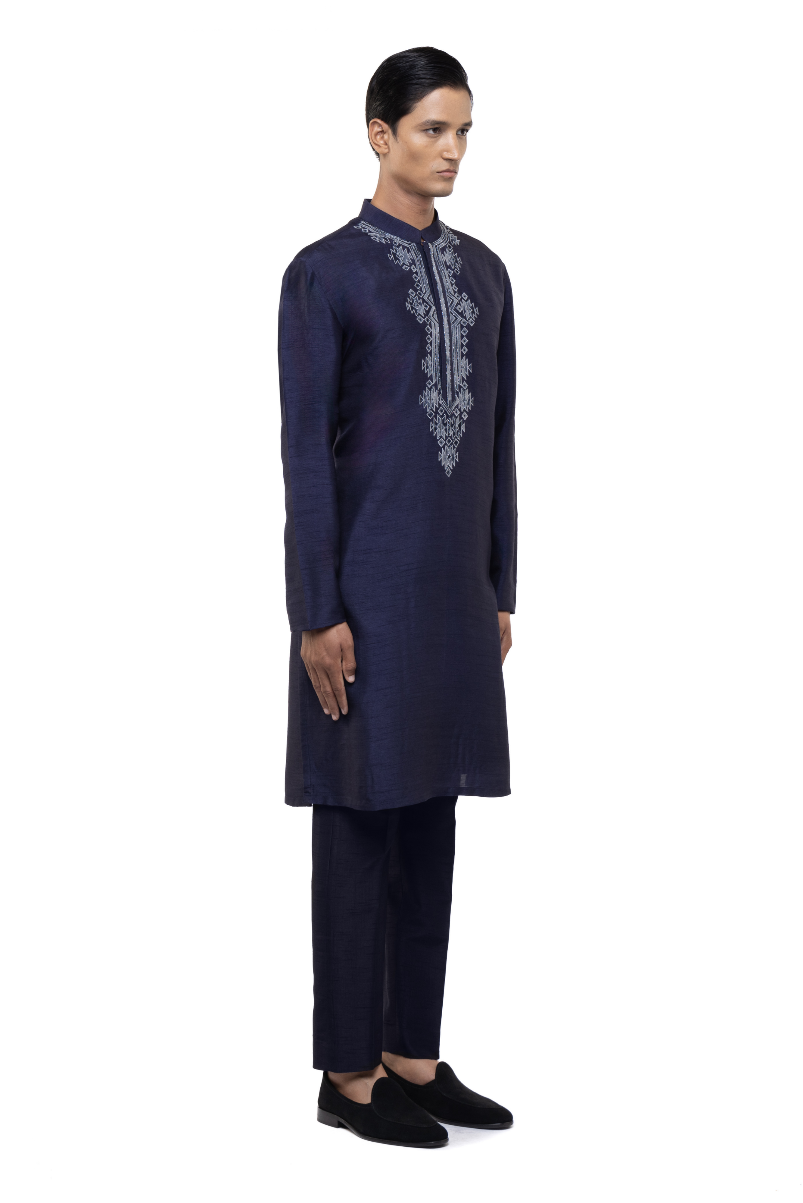 Navy Blue & White Silk Embroidered Kurta Set