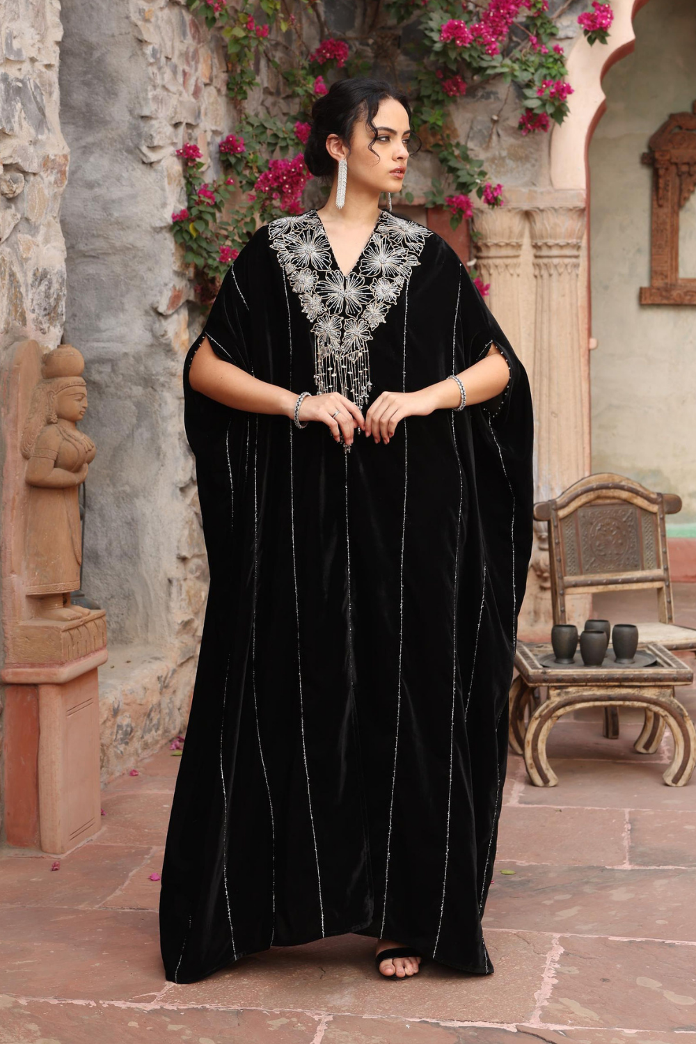 Embroidered Black Velvet Kaftan Set for Luxury Occasions
